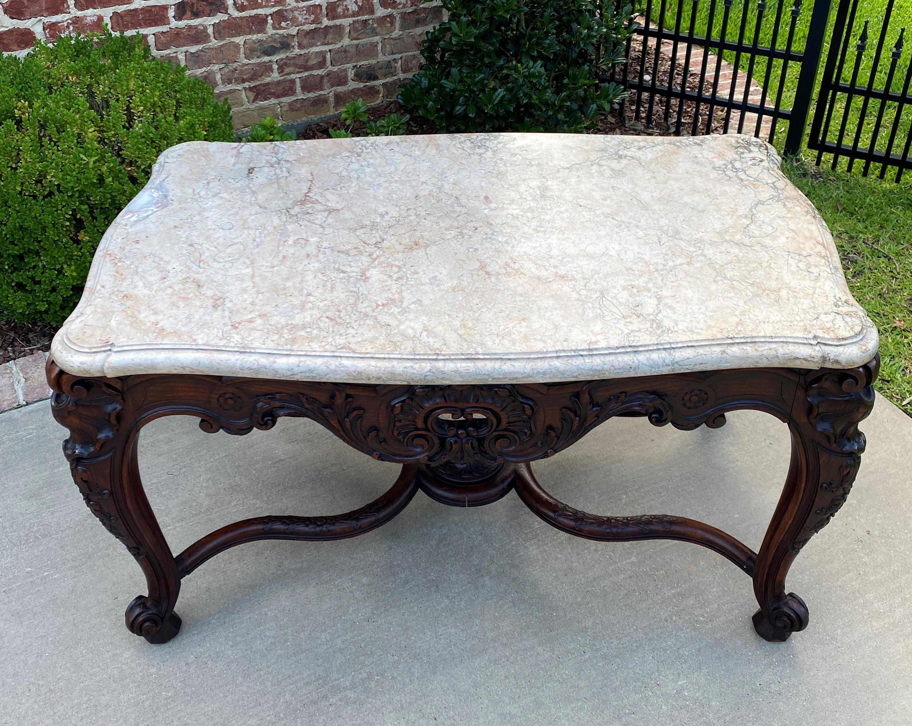 Antique French Console Table Marble Top Louis XV Carved Walnut Foyer Sofa Entry For Sale 7