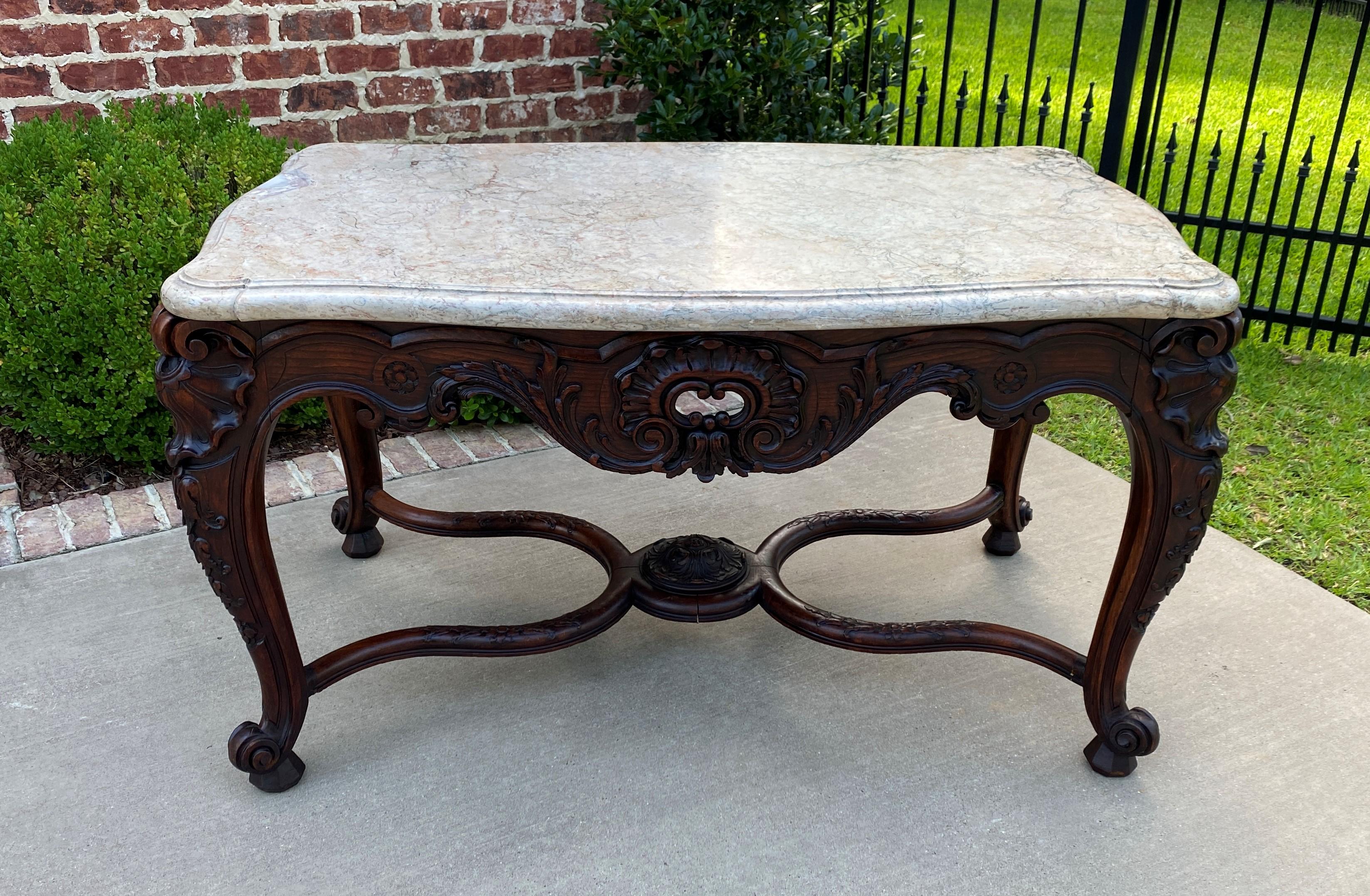 Antique French Console Table Marble Top Louis XV Carved Walnut Foyer Sofa Entry For Sale 8