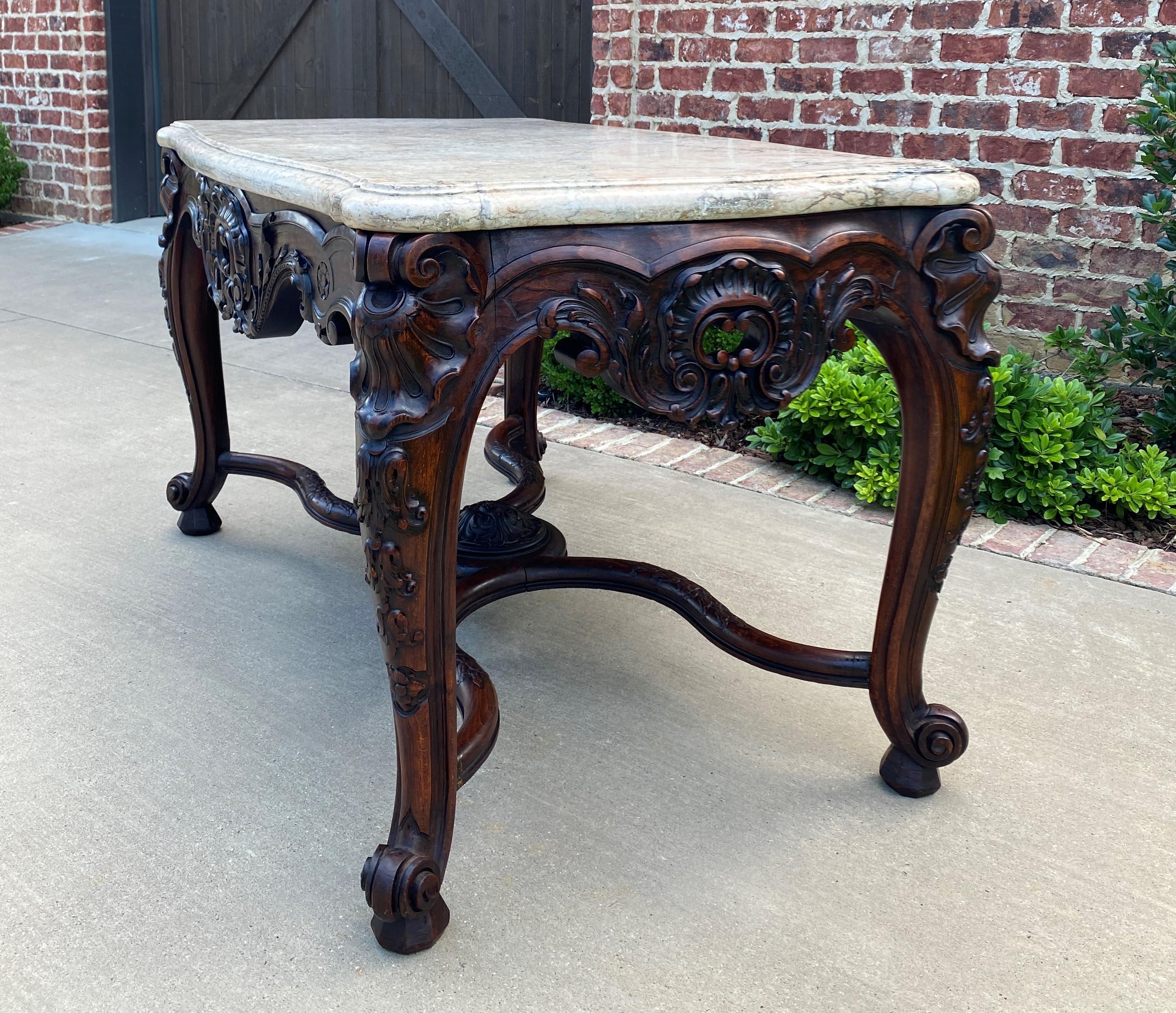 19th Century Antique French Console Table Marble Top Louis XV Carved Walnut Foyer Sofa Entry For Sale