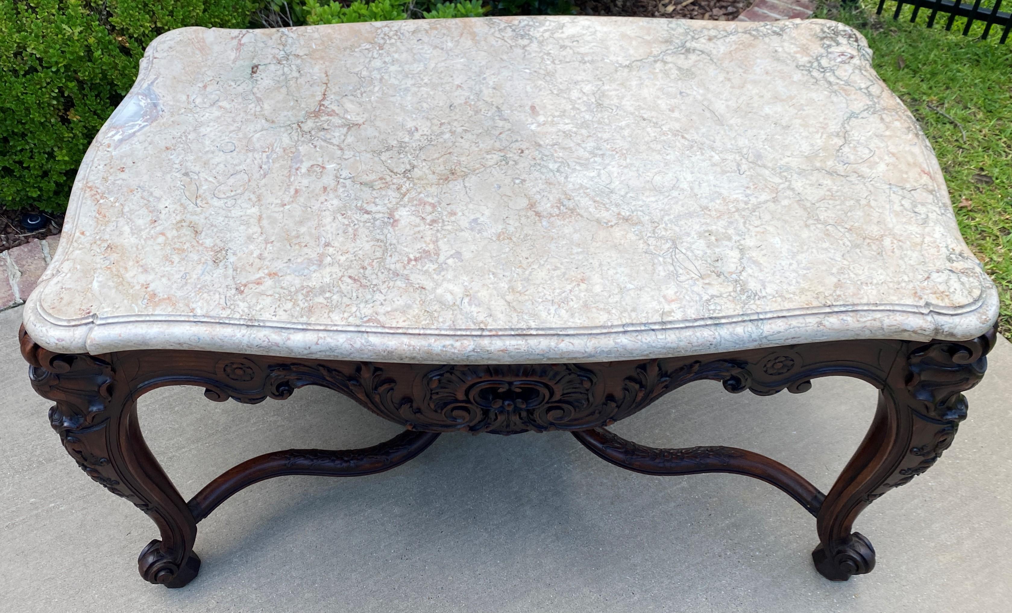 Antique French Console Table Marble Top Louis XV Carved Walnut Foyer Sofa Entry For Sale 1