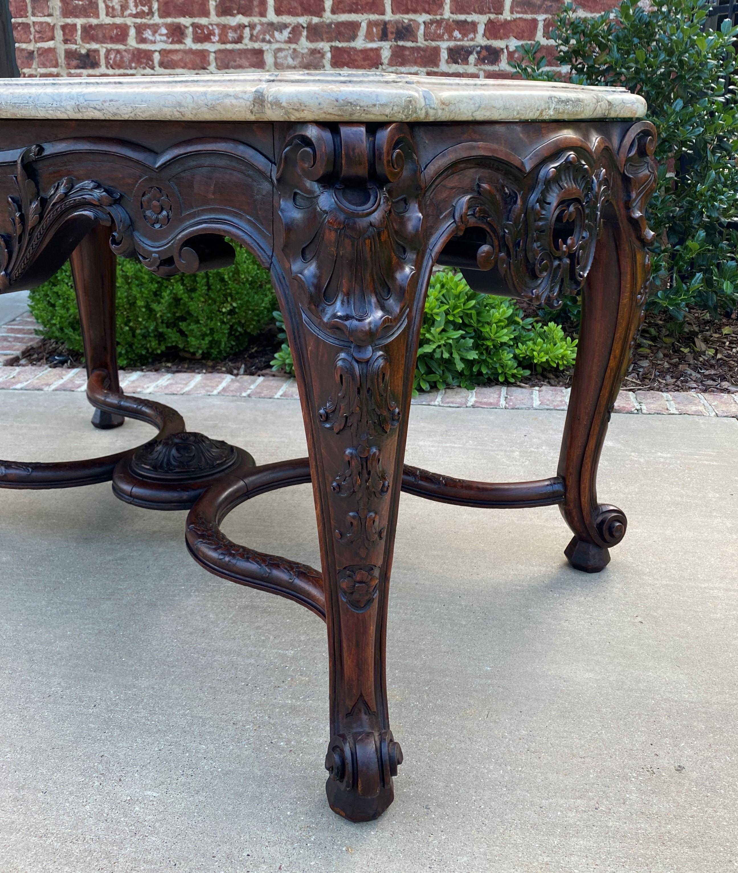 Antique French Console Table Marble Top Louis XV Carved Walnut Foyer Sofa Entry For Sale 4