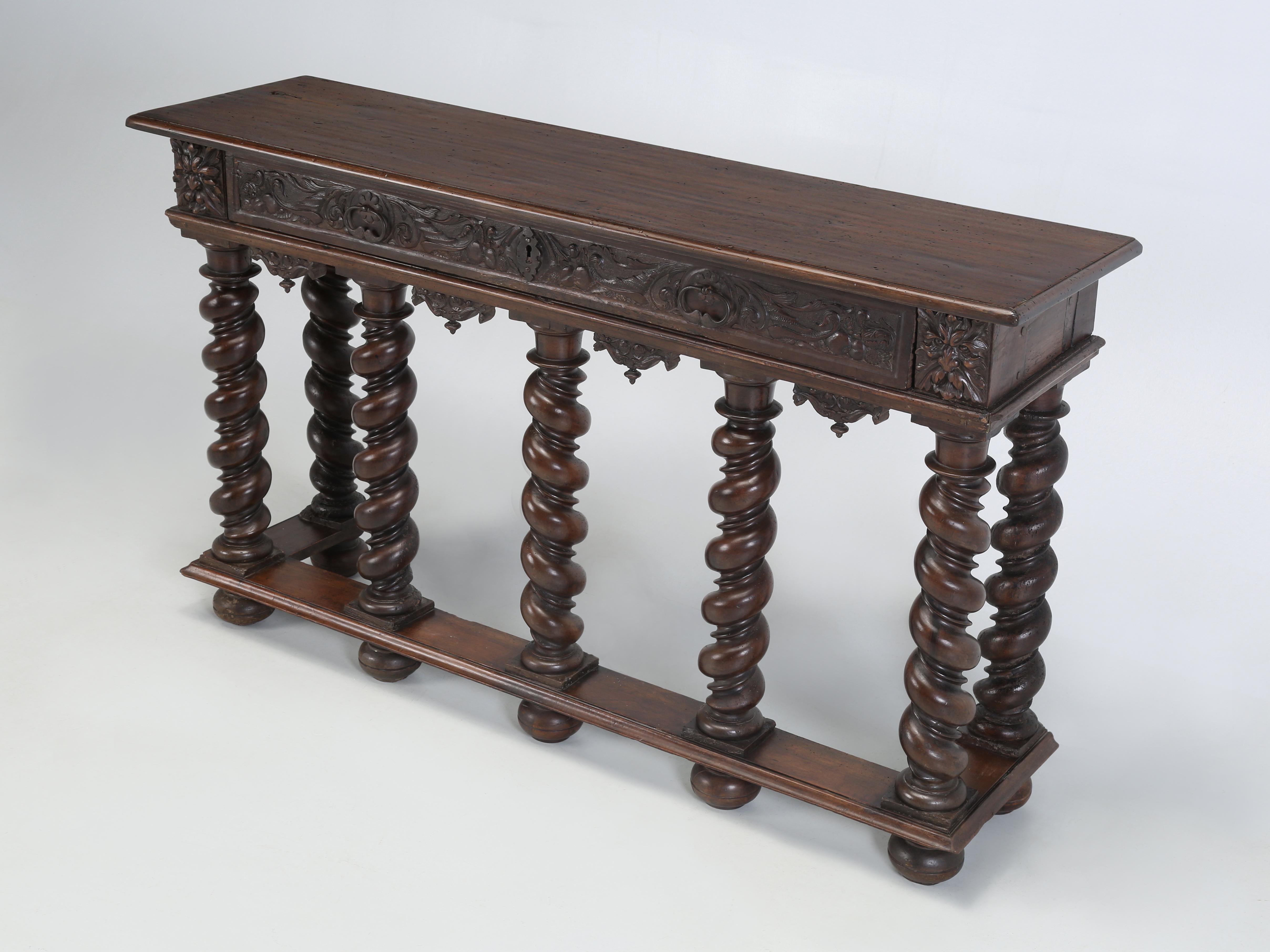 Antique and Unique Barely Twist Console Table or Entry Hall Table from the city of Brest in France. The Console Table was made in the Renaissance Style and probably dates to the early 1800’s. The restoration was limited to the top only for someone