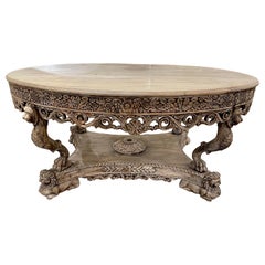 Antique French Continental Carved Oak Oval Foyer Table