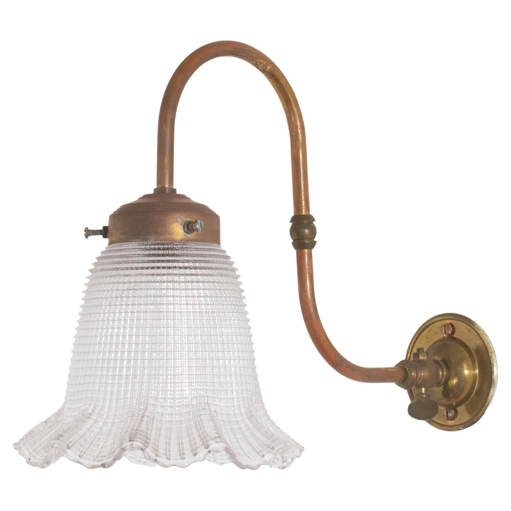 Antique French Coolie Glass Frill Holophane Brass Wall Kitchen Task Light Sconce