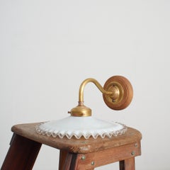 Antique French Coolie Glass Frilly Brass Wall Kitchen Task Light Sconce