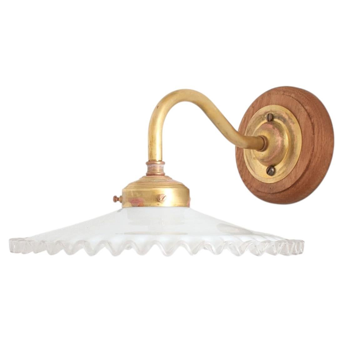 Antique French Coolie Glass Frilly Brass Wall Kitchen Task Light Sconce