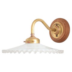 Antique French Coolie Glass Frilly Brass Wall Kitchen Task Light Sconce