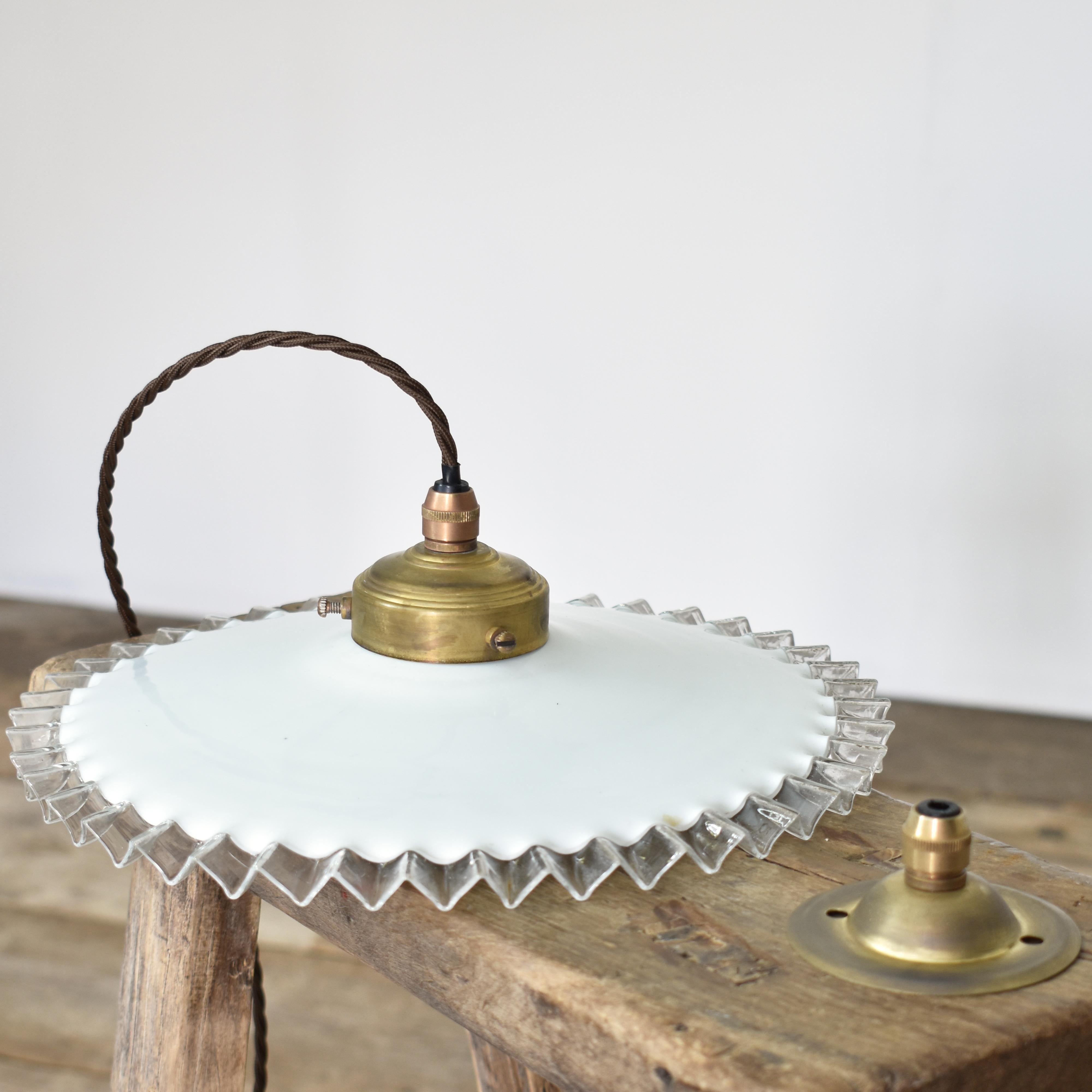 Antique French Coolie Milk Glass Brass Pendant Kitchen Task Lamp Light In Good Condition For Sale In Stockbridge, GB