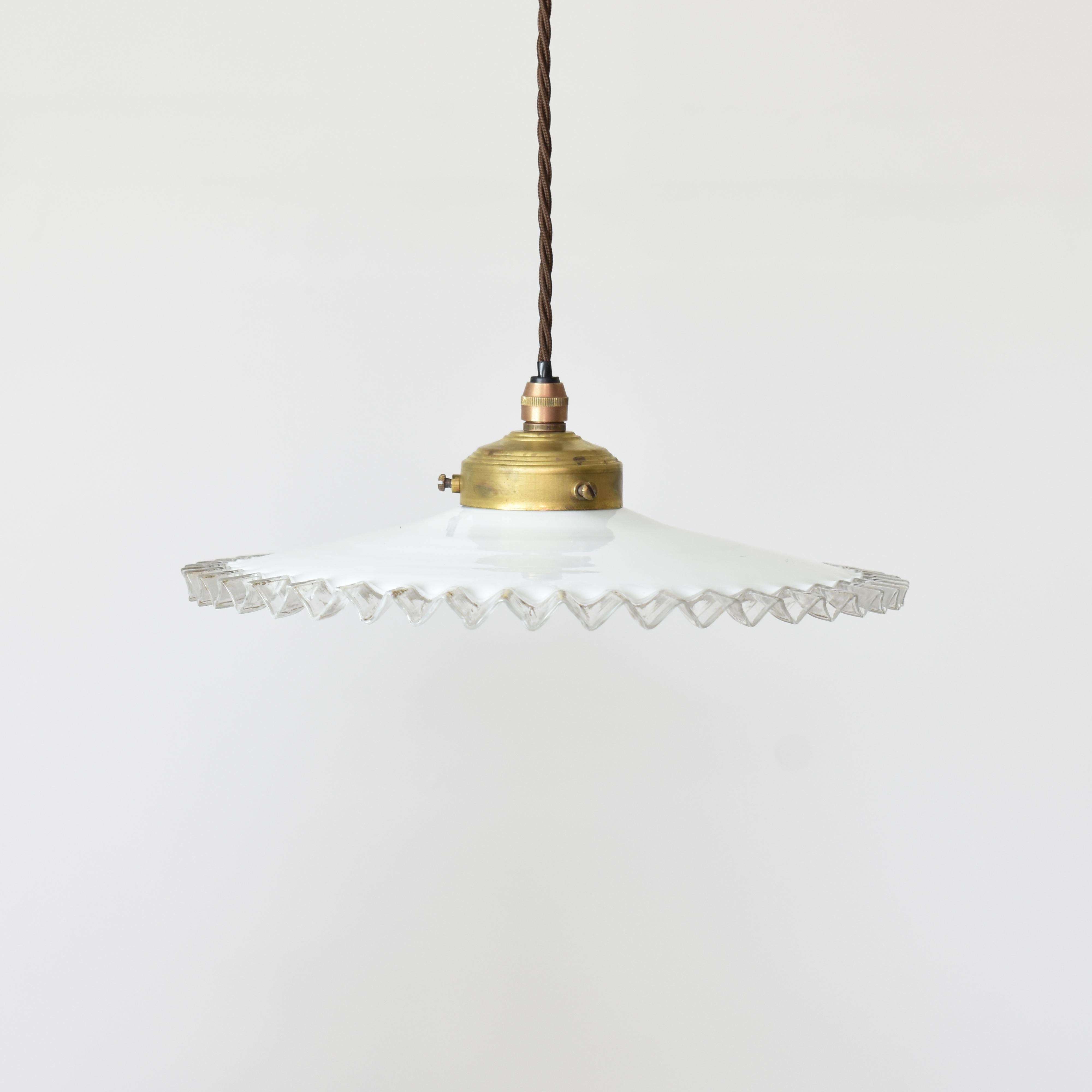 20th Century Antique French Coolie Milk Glass Brass Pendant Kitchen Task Lamp Light For Sale