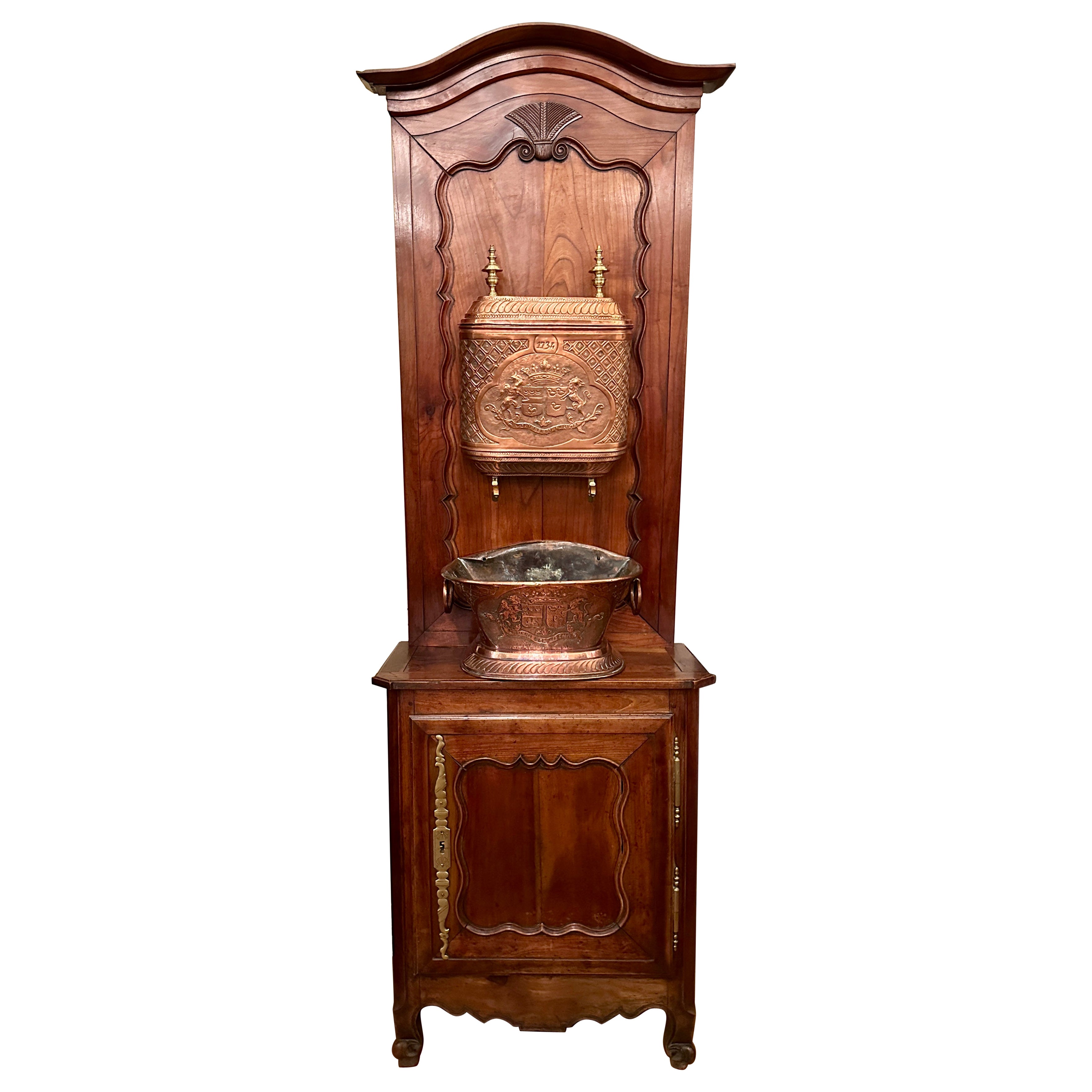Antique French Copper and Brass Lavabo on Carved Walnut Stand, Circa 1900. For Sale