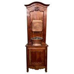 Antique French Copper and Brass Lavabo on Carved Walnut Stand, Circa 1900.