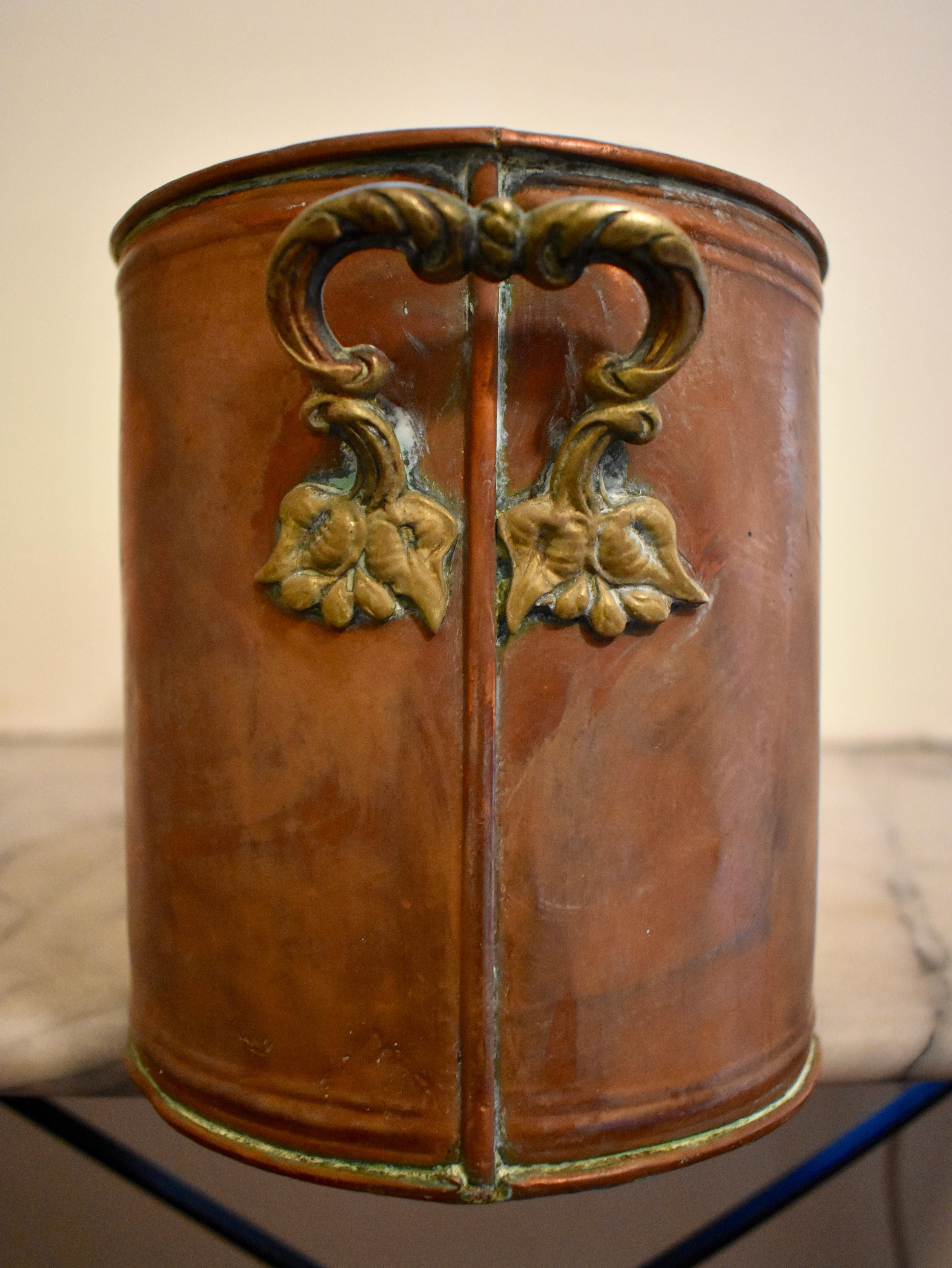 Metalwork Rustic Country French Copper & Brass Handled Potted Plant Jardinière, circa 1900