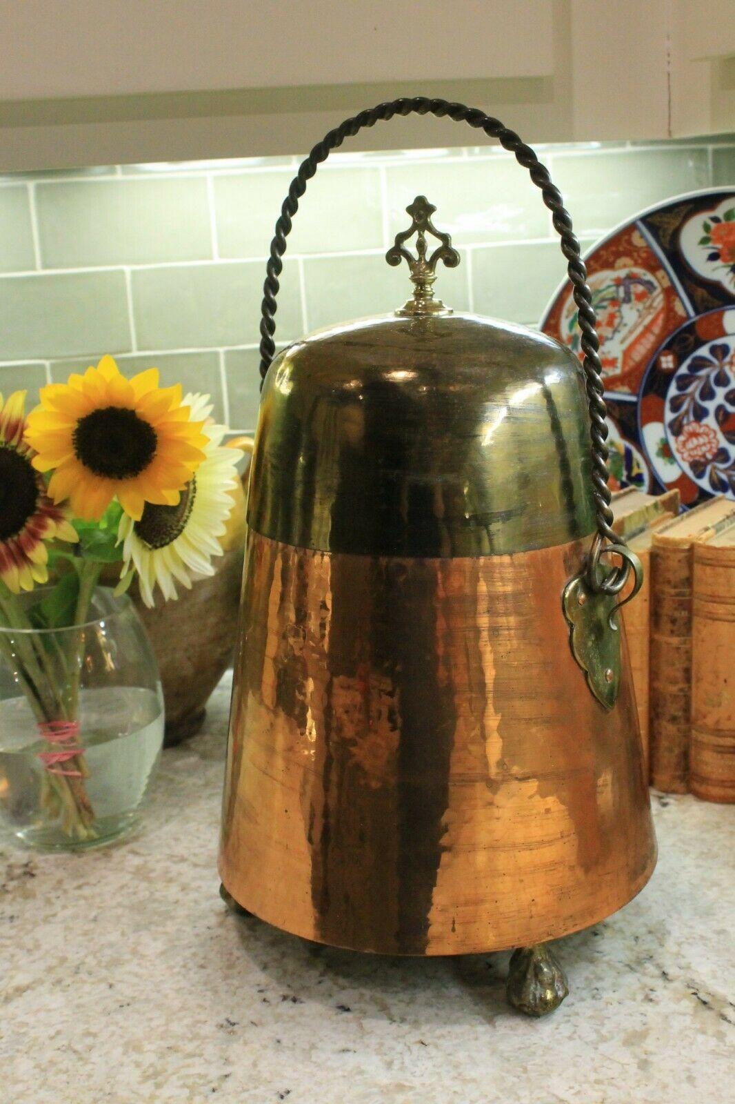 Antique French Copper & Brass Jug Vessel with Lid & Handle Hand Seamed 19th C 8