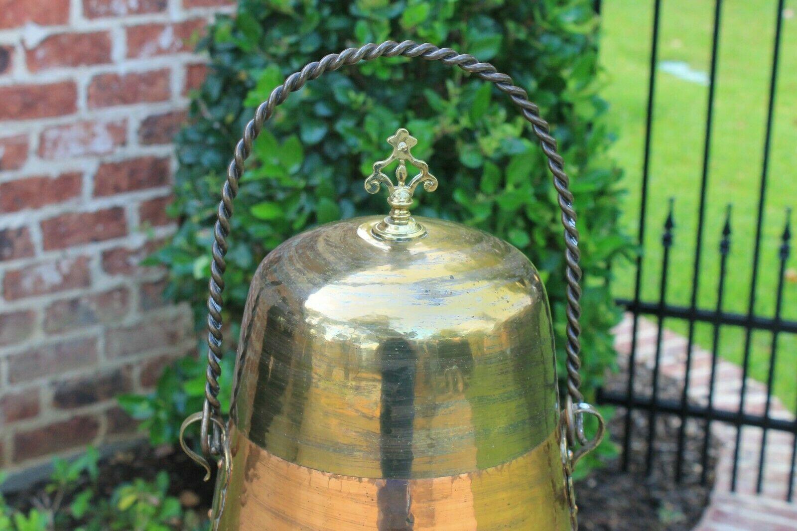 French Provincial Antique French Copper & Brass Jug Vessel with Lid & Handle Hand Seamed 19th C