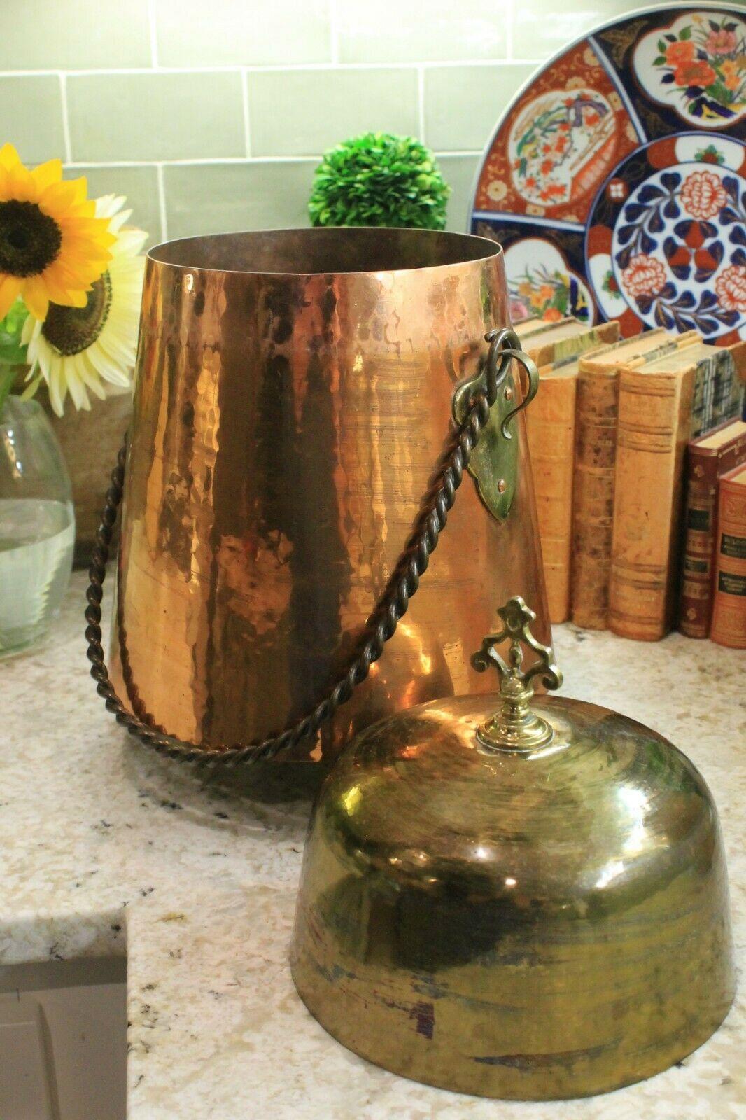 Antique French Copper & Brass Jug Vessel with Lid & Handle Hand Seamed 19th C 4