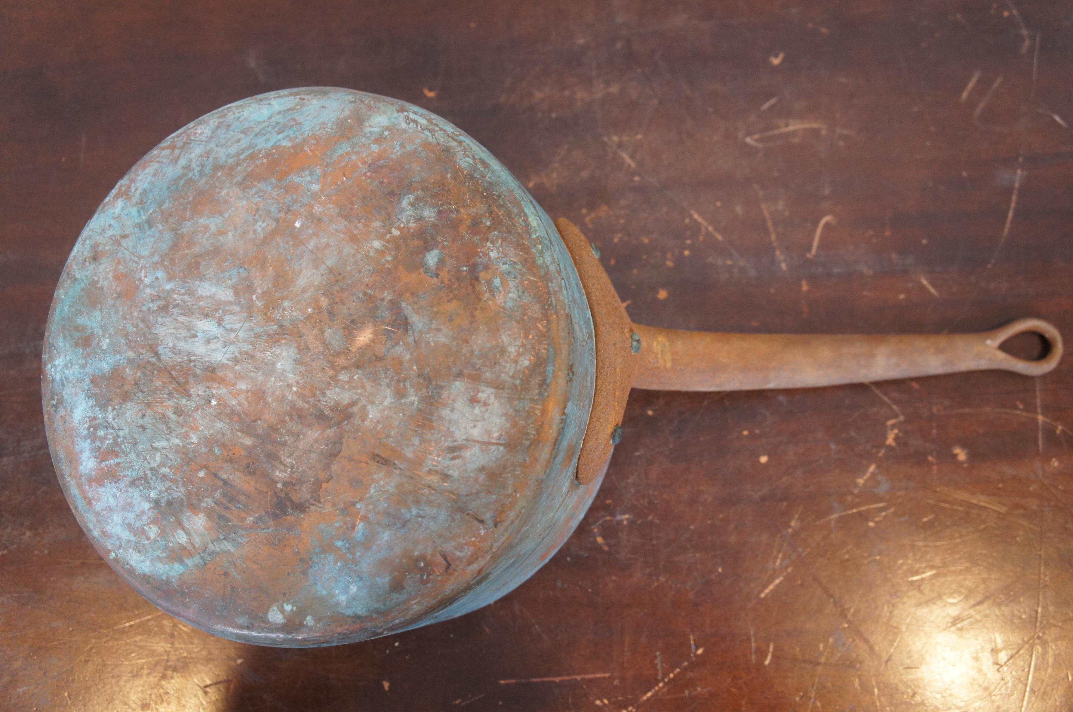 19th Century Antique French Copper Cast Iron Sauce Saute Pan Cook Pot Farmhouse Rustic