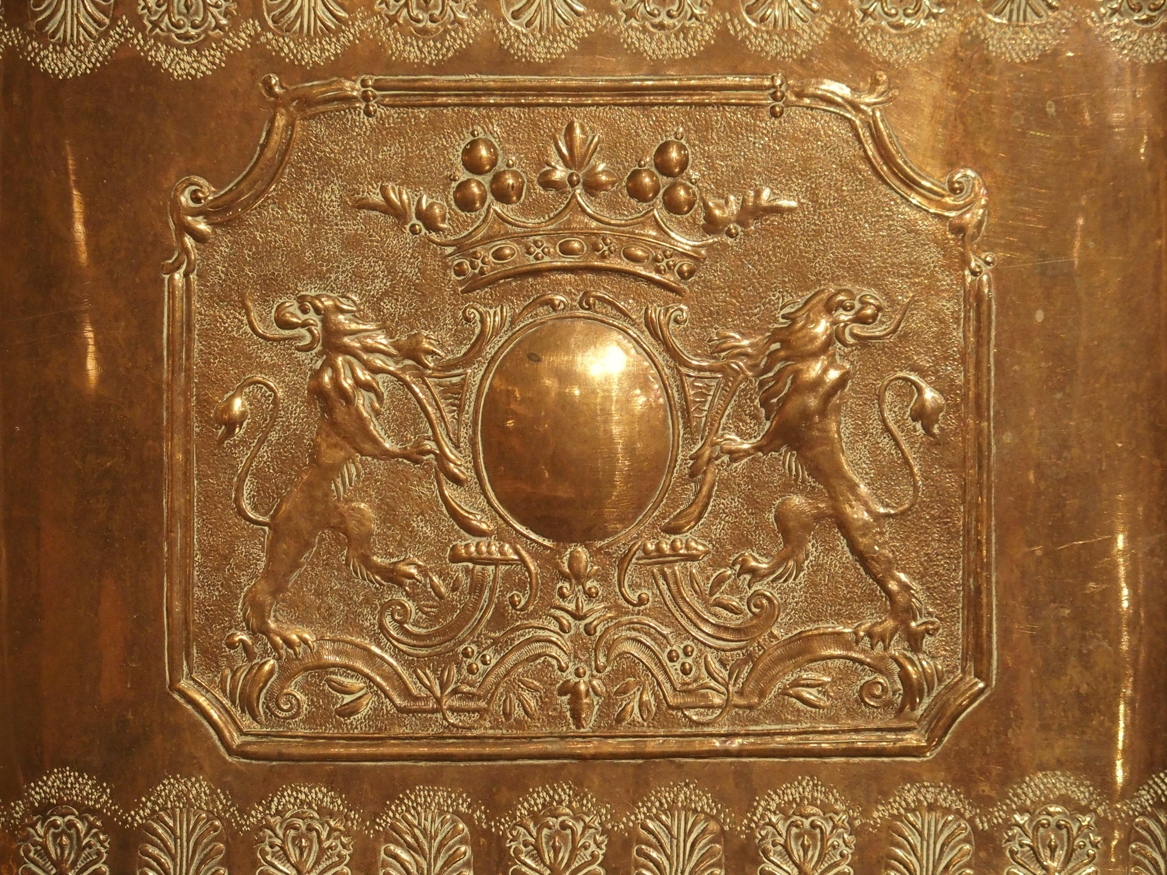 Repoussé Antique French Copper Coat of Arms Lavabo and Basin on Wooden Wall Stand
