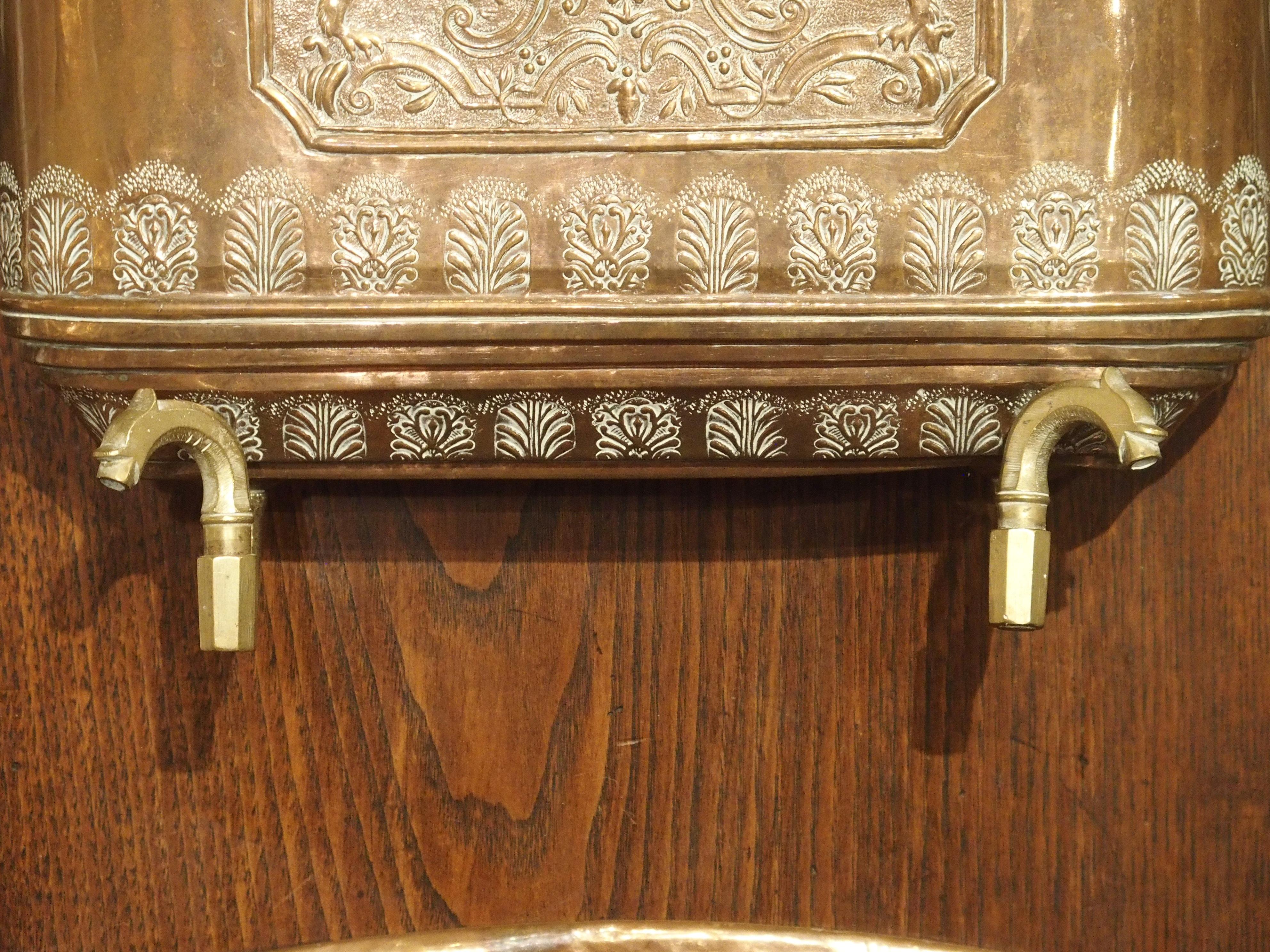 Antique French Copper Coat of Arms Lavabo and Basin on Wooden Wall Stand 1