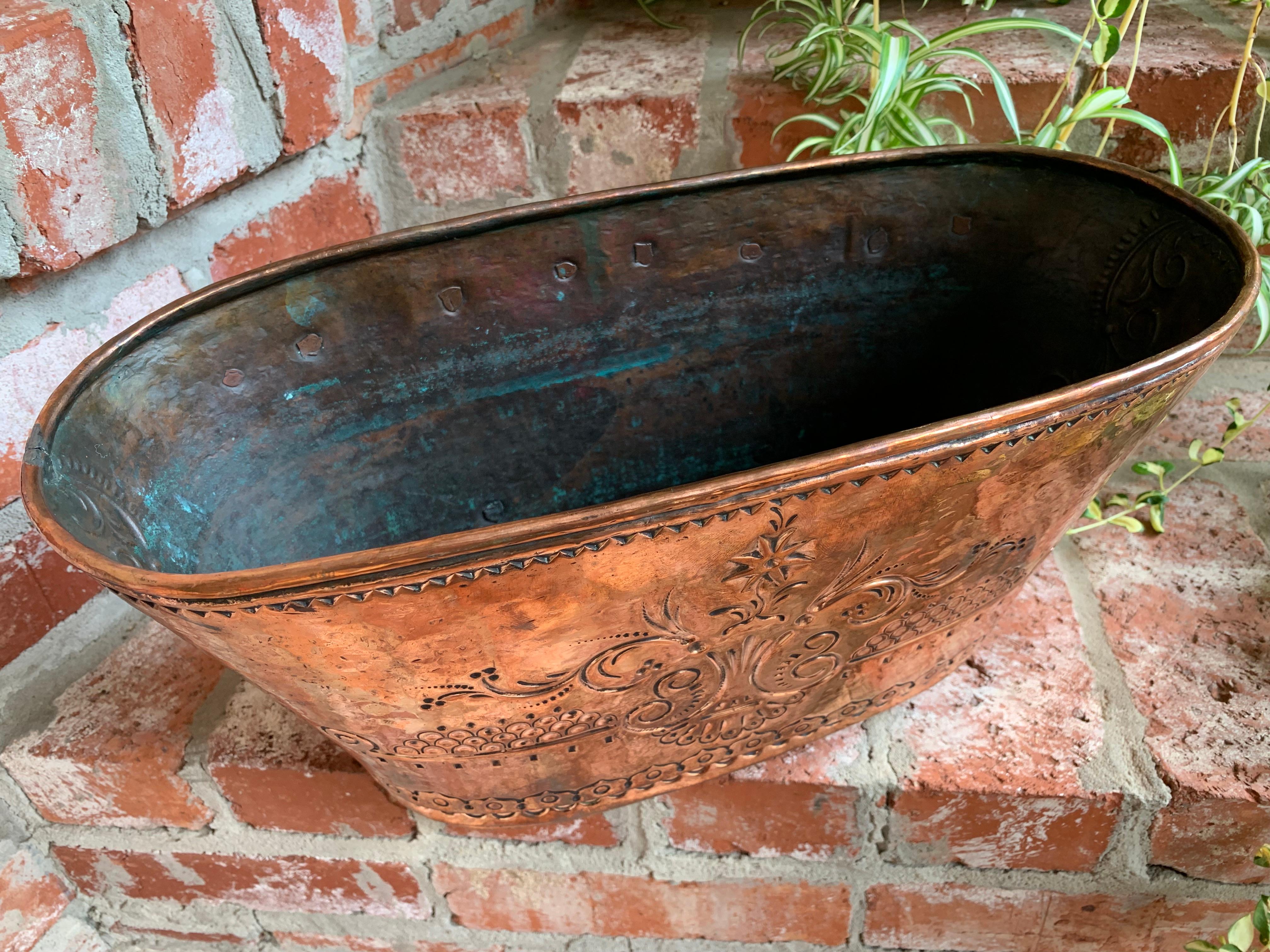 Antique French Copper Embossed Planter Jardinière Cachepot Oval Wine Bucket 7