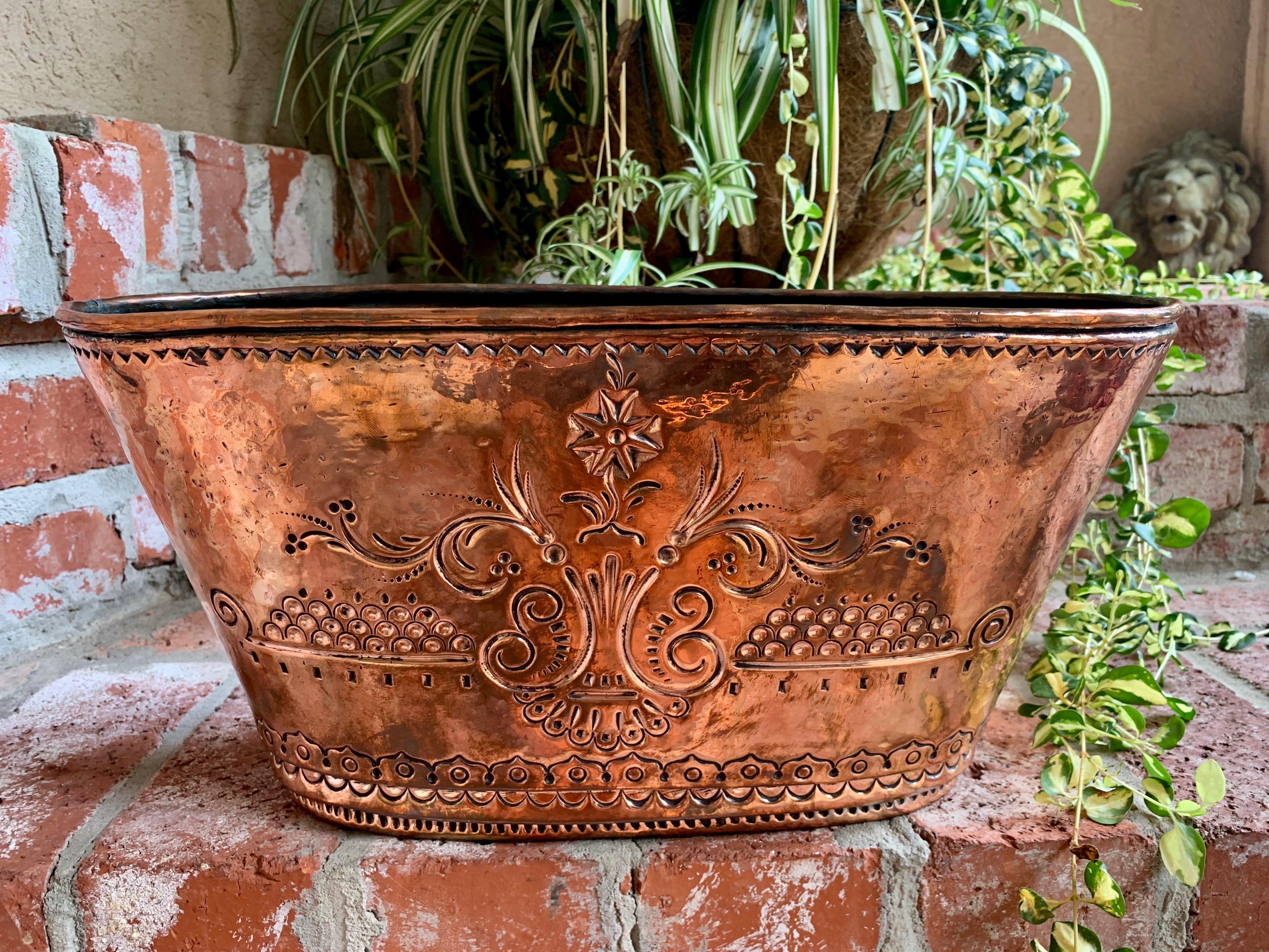 Antique French Copper Embossed Planter Jardinière Cachepot Oval Wine Bucket 9