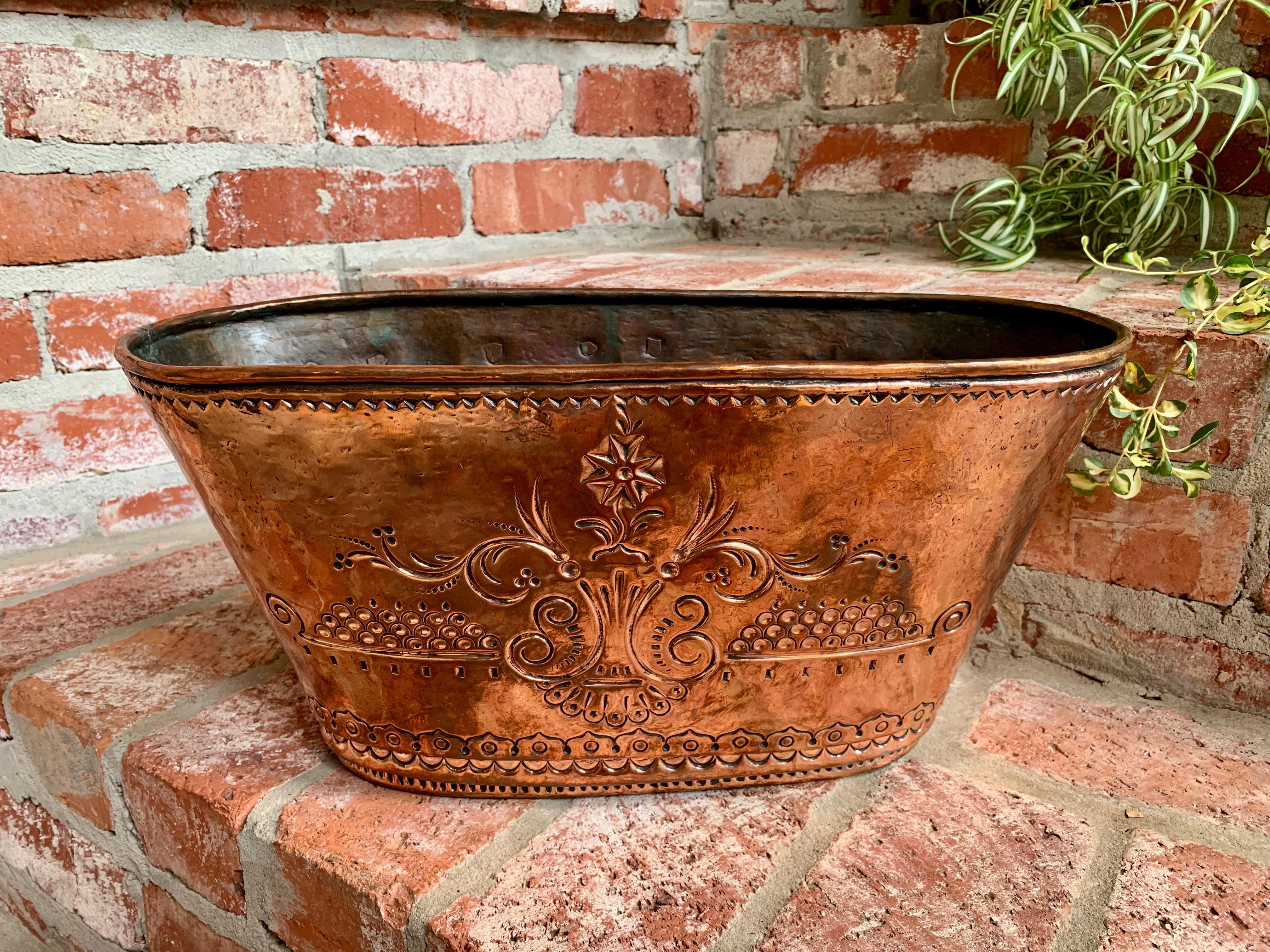 Antique French Copper Embossed Planter Jardinière Cachepot Oval Wine Bucket 10