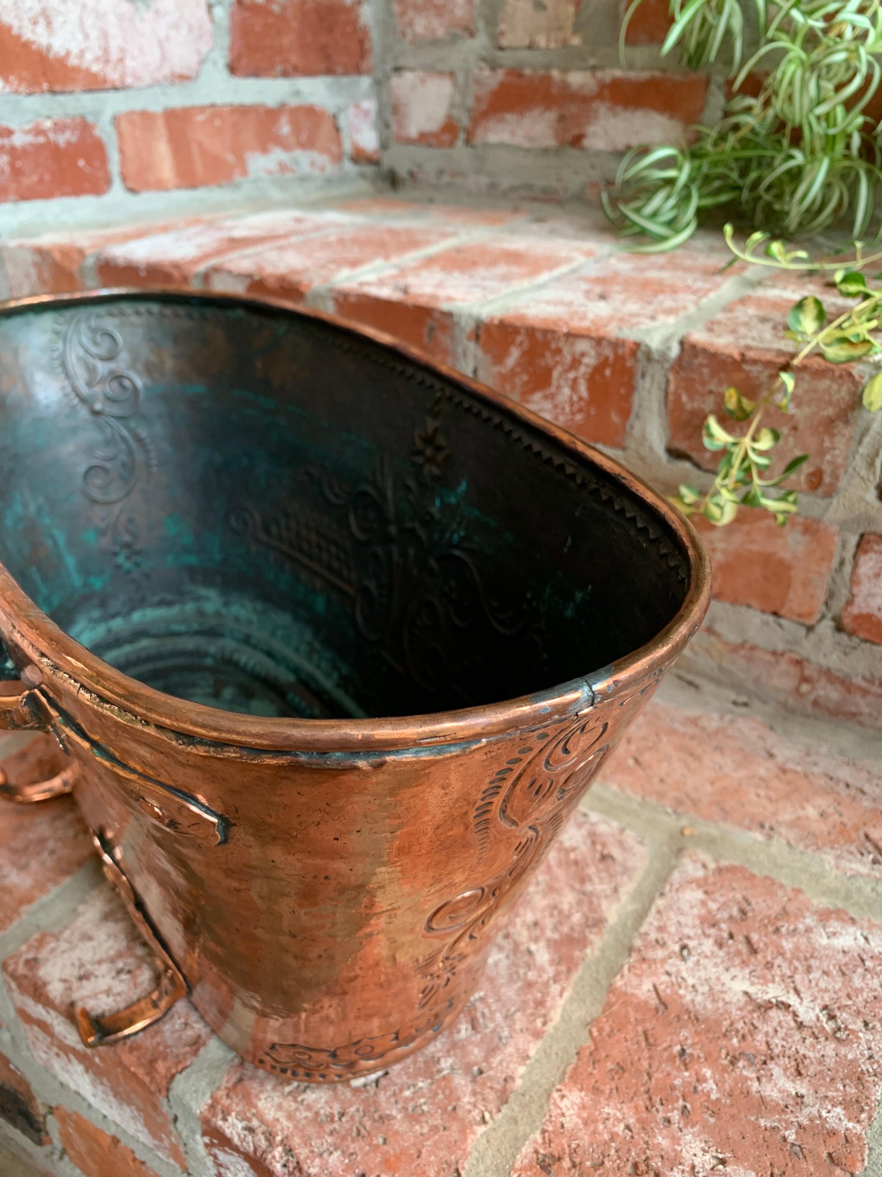 Antique French Copper Embossed Planter Jardinière Cachepot Oval Wine Bucket 14