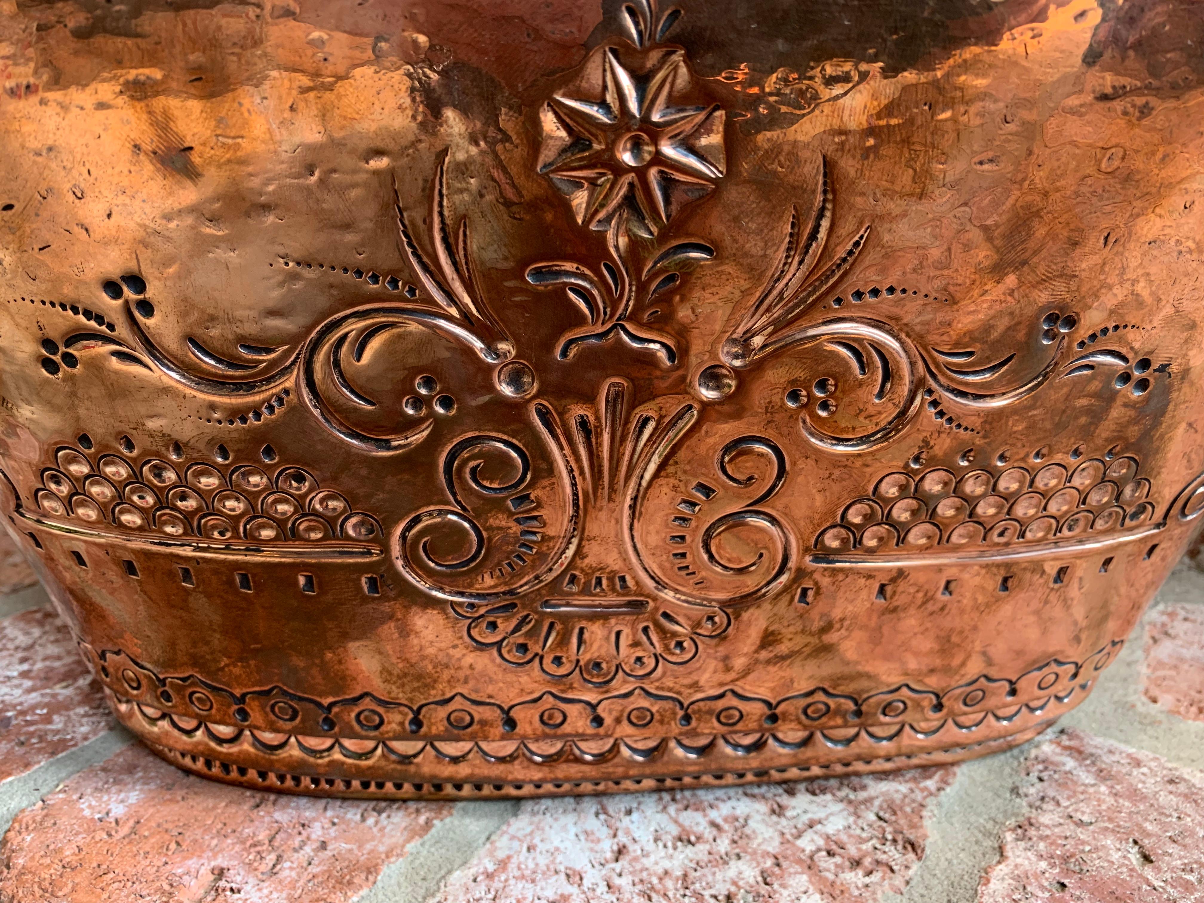 19th Century Antique French Copper Embossed Planter Jardinière Cachepot Oval Wine Bucket