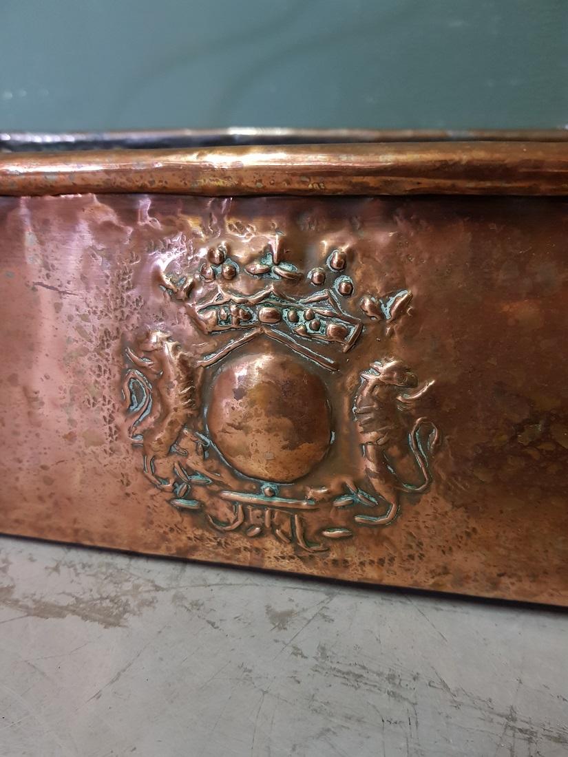 Antique French copper fish pan with wrought iron handle and decorated with an embossed coat of arms of 2 lions and crown, is in a good but used condition. Originating from the 19th century.

The measurements are,
Depth 15 cm/ 5.9 inch.
Width 47