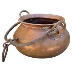 Antique French Copper Hanging Cauldron Pot with Iron Handle, Early 20th Century
