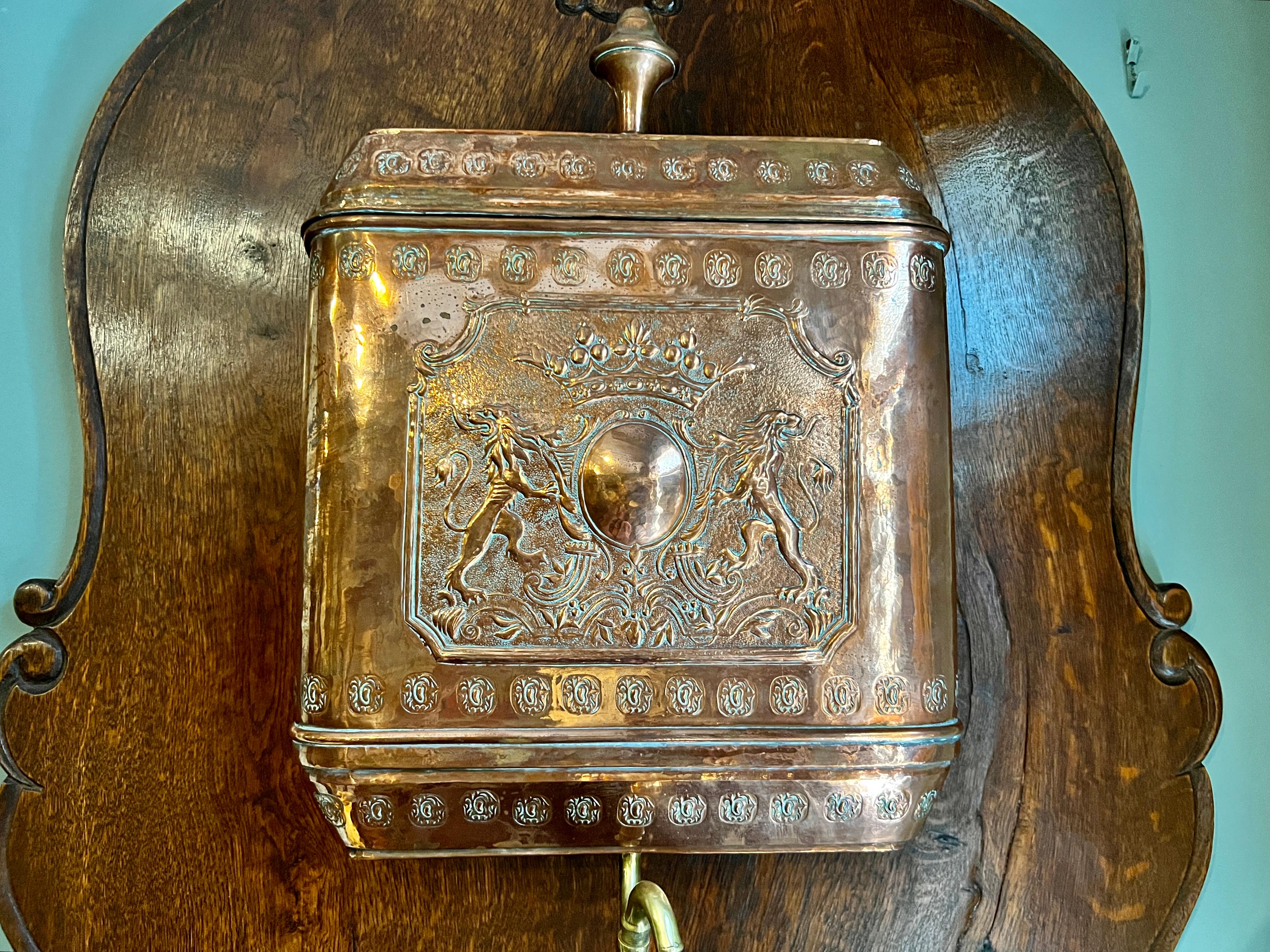 19th Century Antique French Copper Lavabo Oak Panel circa 1890 For Sale