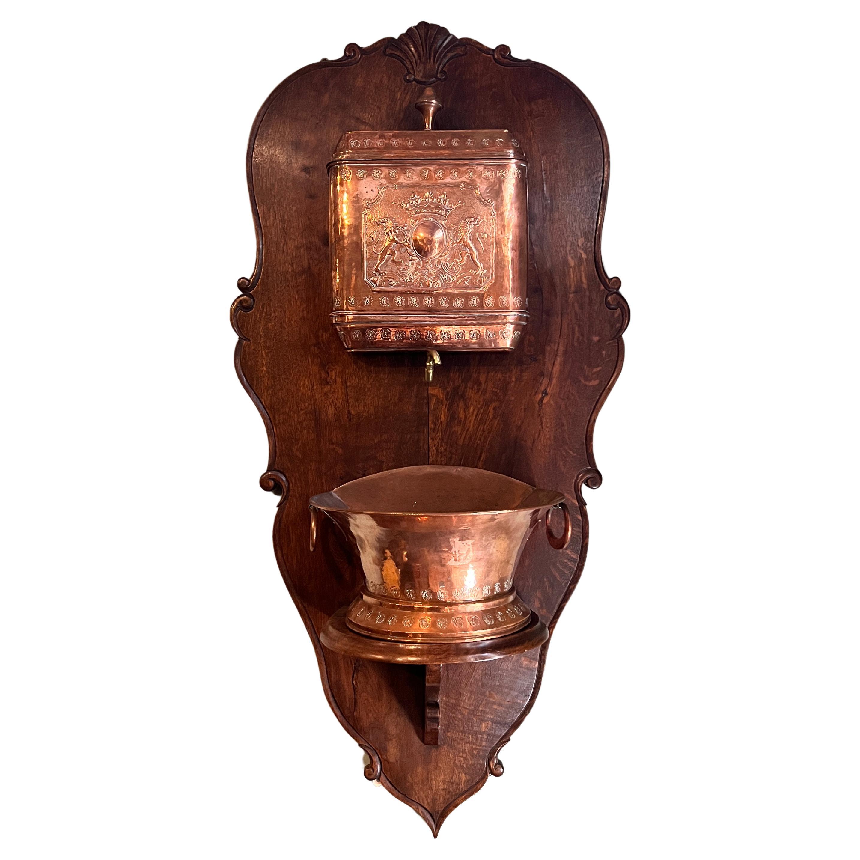 Antique French Copper Lavabo Oak Panel circa 1890 For Sale