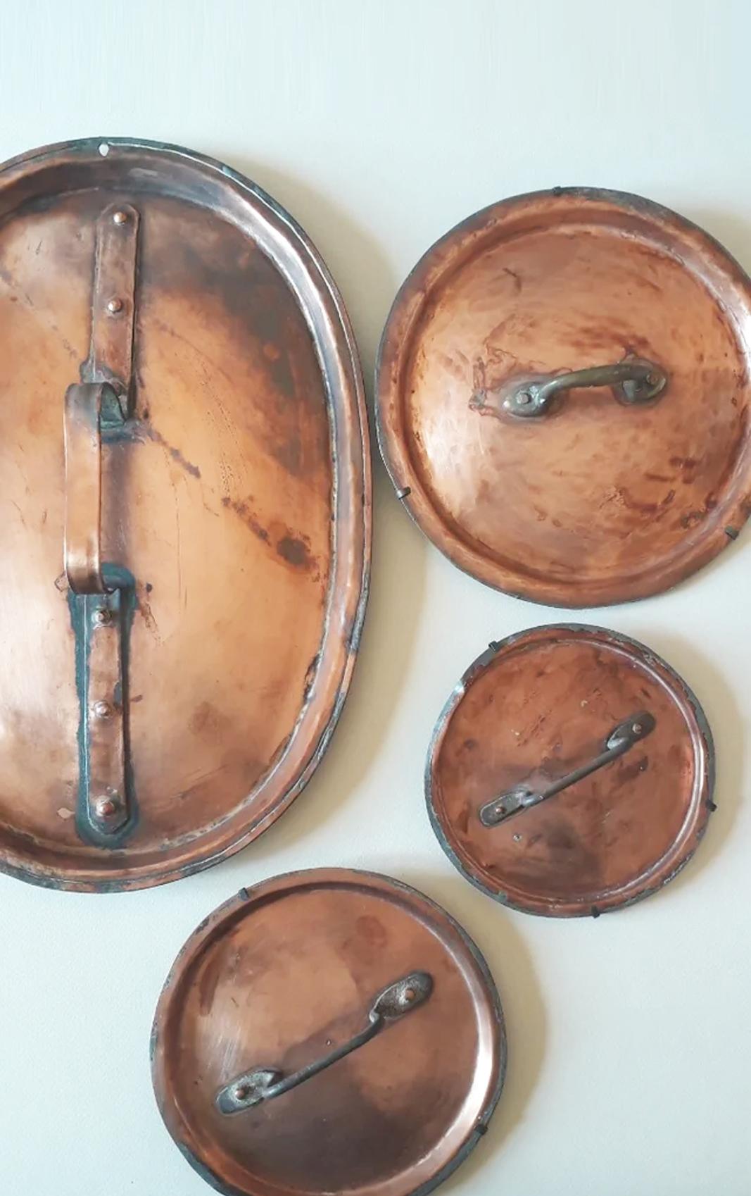 From 19th Century or early
The price is for the lot of 4 molds
40x28cm   22x22cm   18x18cm 16x16cm
Antique French copper pot lids to decorate your kitchen wall
Decorating rustic kitchens with beautiful copper wall-mounted sets. The style of old