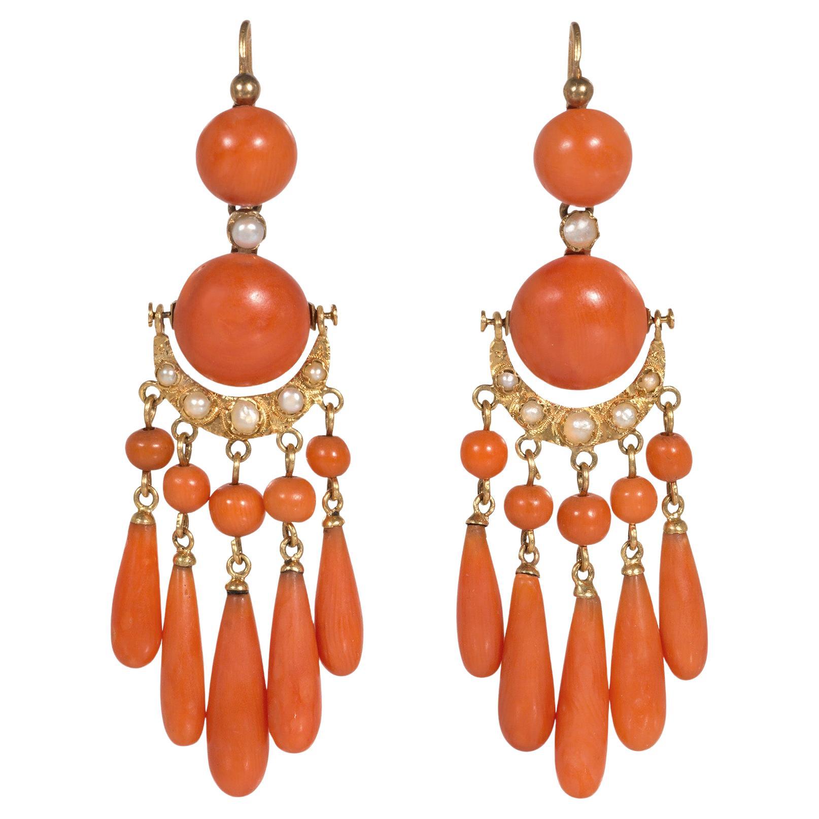 Antique French coral and pearl fringe pendant earrings