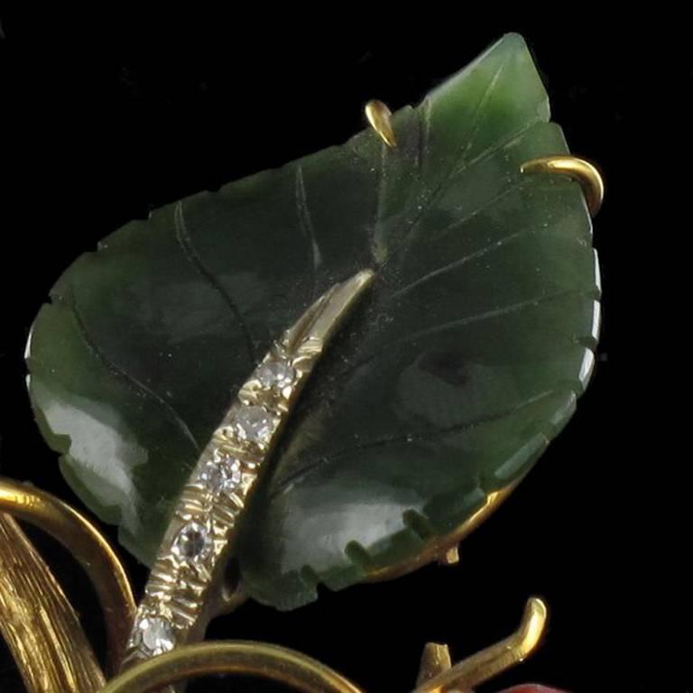 Antique French Coral Jade Diamond Gold Strawberry Branch Brooch For Sale 7