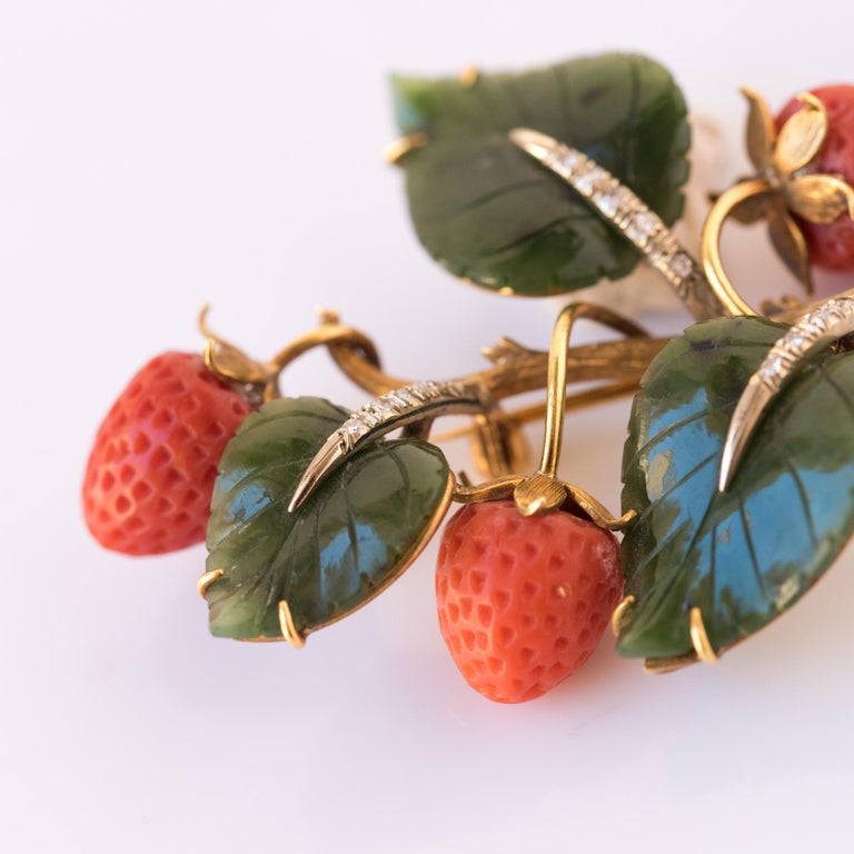 Retro Antique French Coral Jade Diamond Gold Strawberry Branch Brooch For Sale