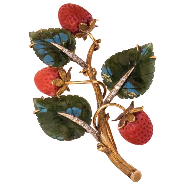 Antique French Coral Jade Diamond Gold Strawberry Branch Brooch For Sale