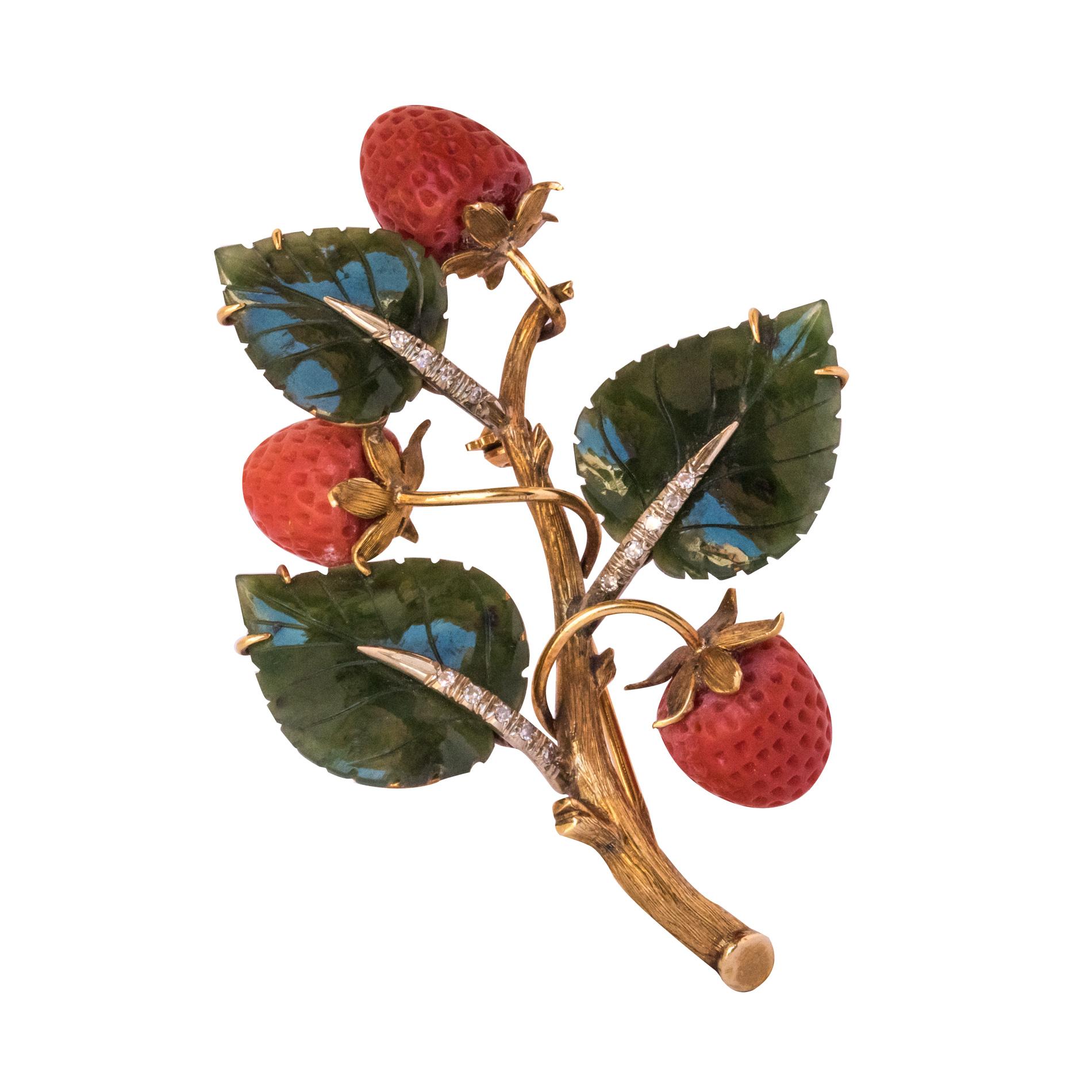 Antique French Coral Jade Diamond Gold Strawberry Branch Brooch
