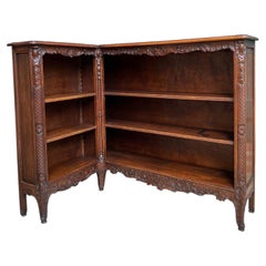 Antique French Corner Bookcase Carved Oak Louis XV Revival Open Shelves c1920
