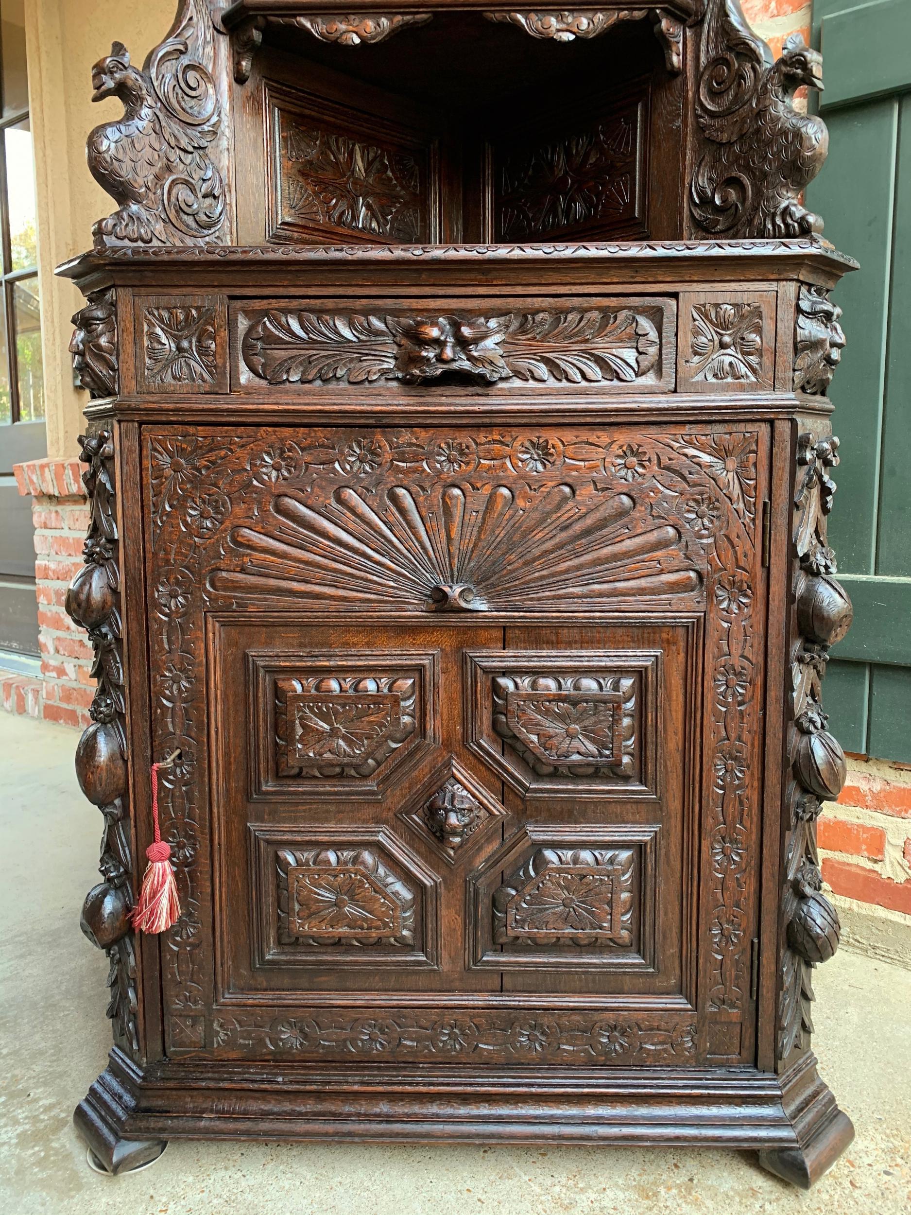 Antique French Corner Cabinet Bookcase Carved Oak Black Forest Renaissance 10