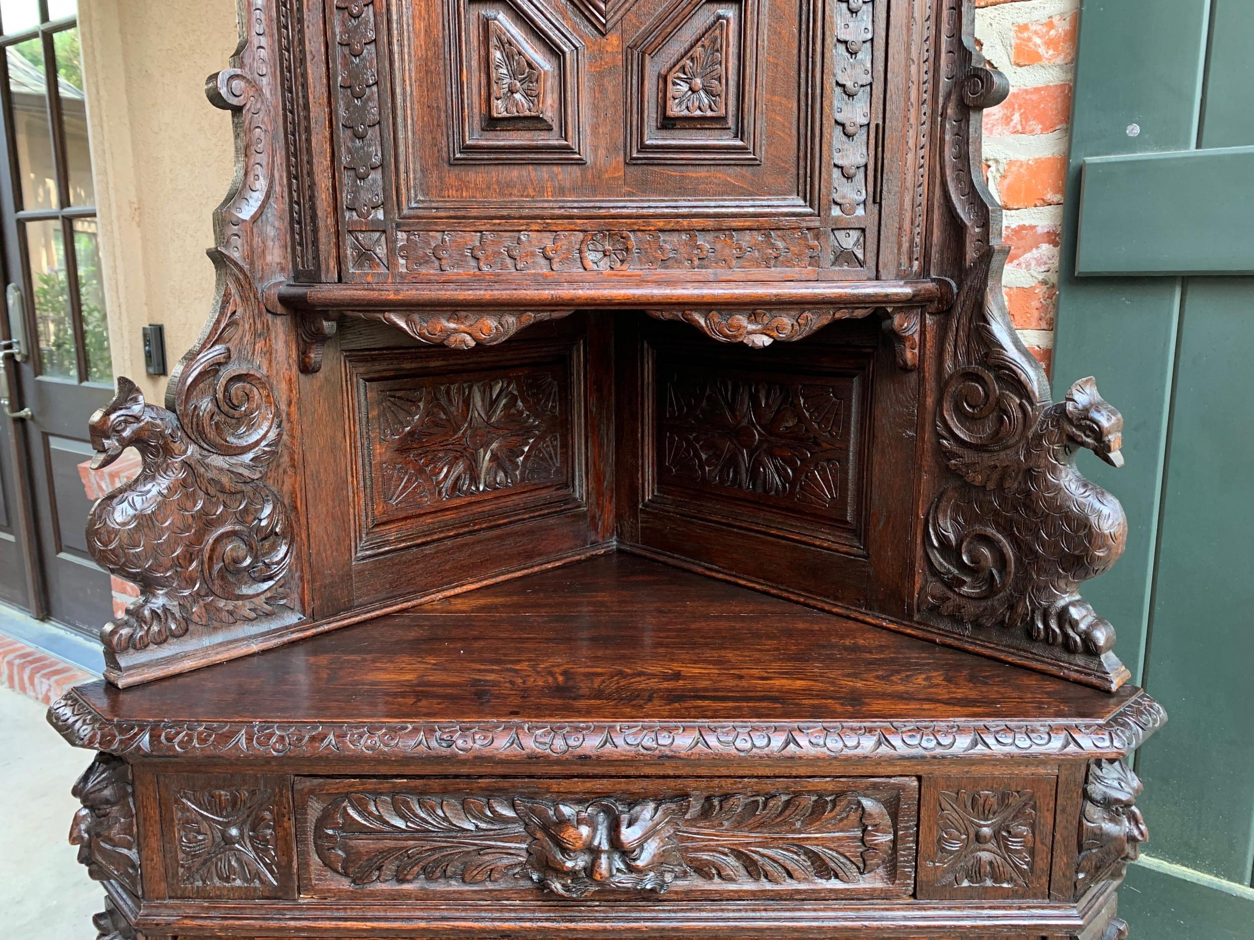 Antique French Corner Cabinet Bookcase Carved Oak Black Forest Renaissance 11