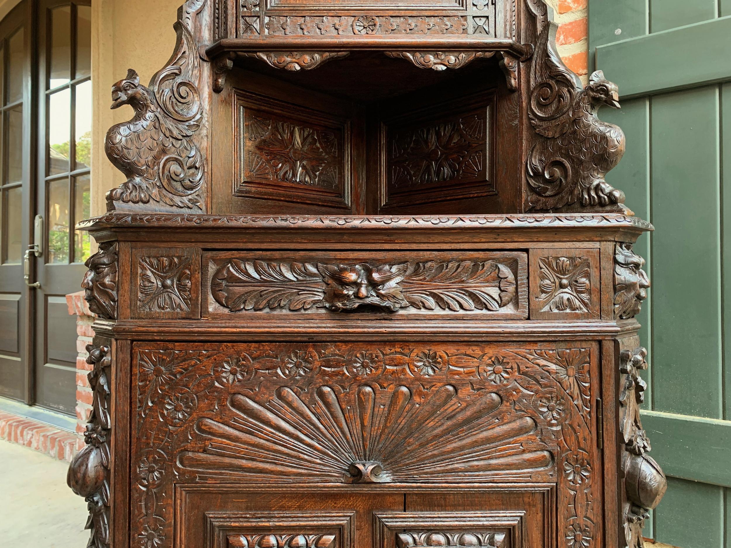 Antique French Corner Cabinet Bookcase Carved Oak Black Forest Renaissance 12