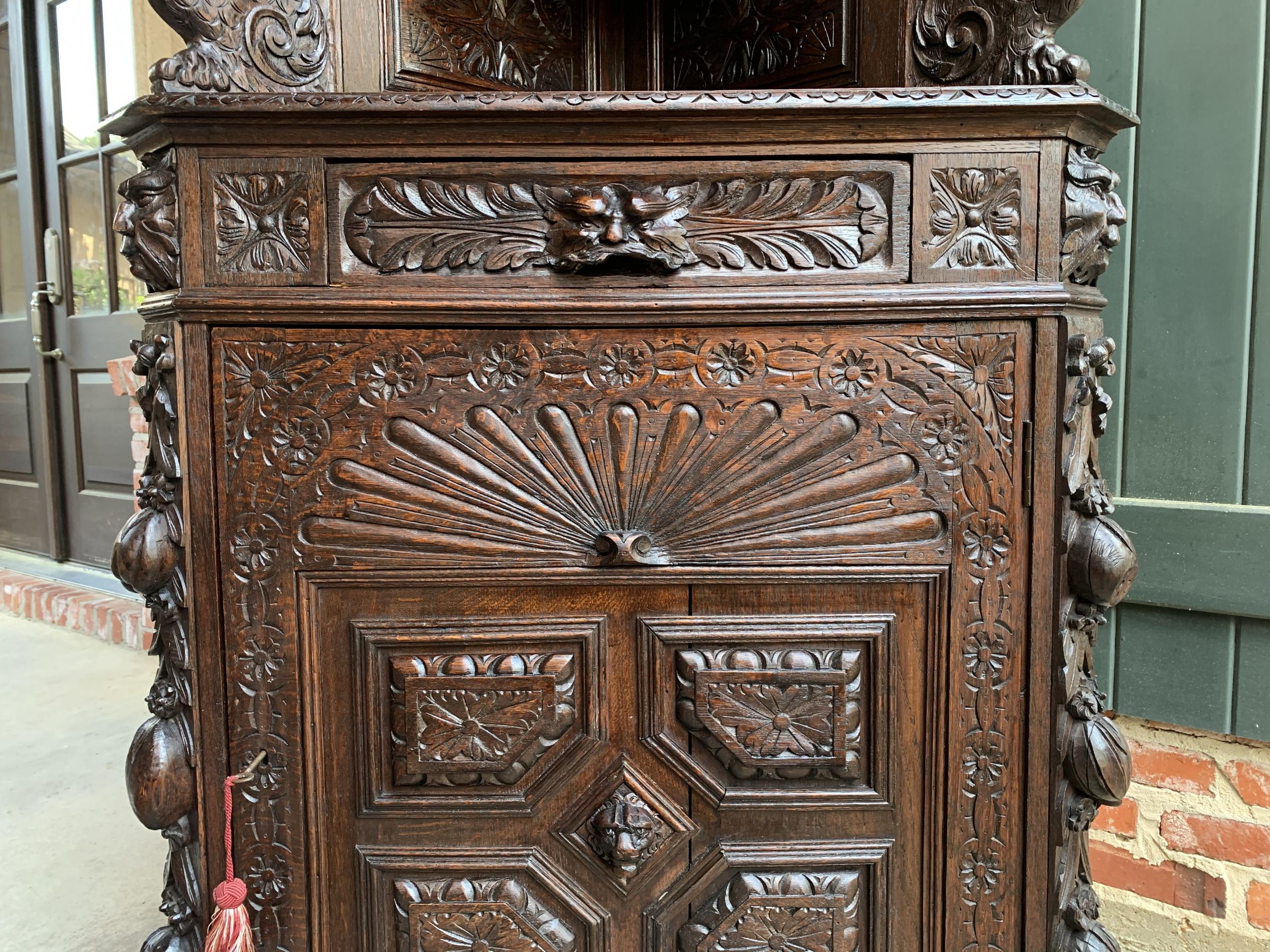 Antique French Corner Cabinet Bookcase Carved Oak Black Forest Renaissance 13