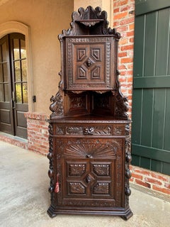 Antique French Corner Cabinet Bookcase Carved Oak Black Forest Renaissance