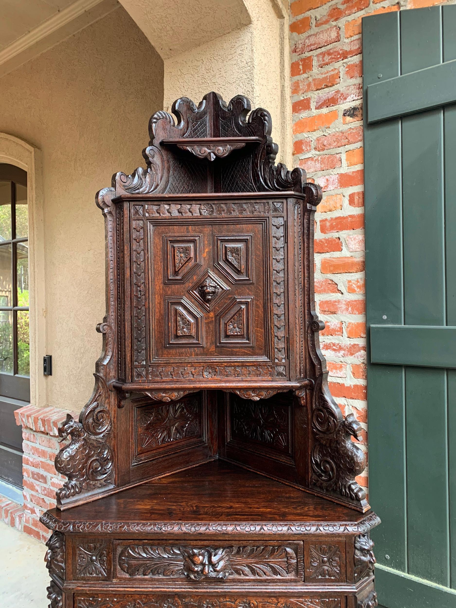 Hand-Carved Antique French Corner Cabinet Bookcase Carved Oak Black Forest Renaissance