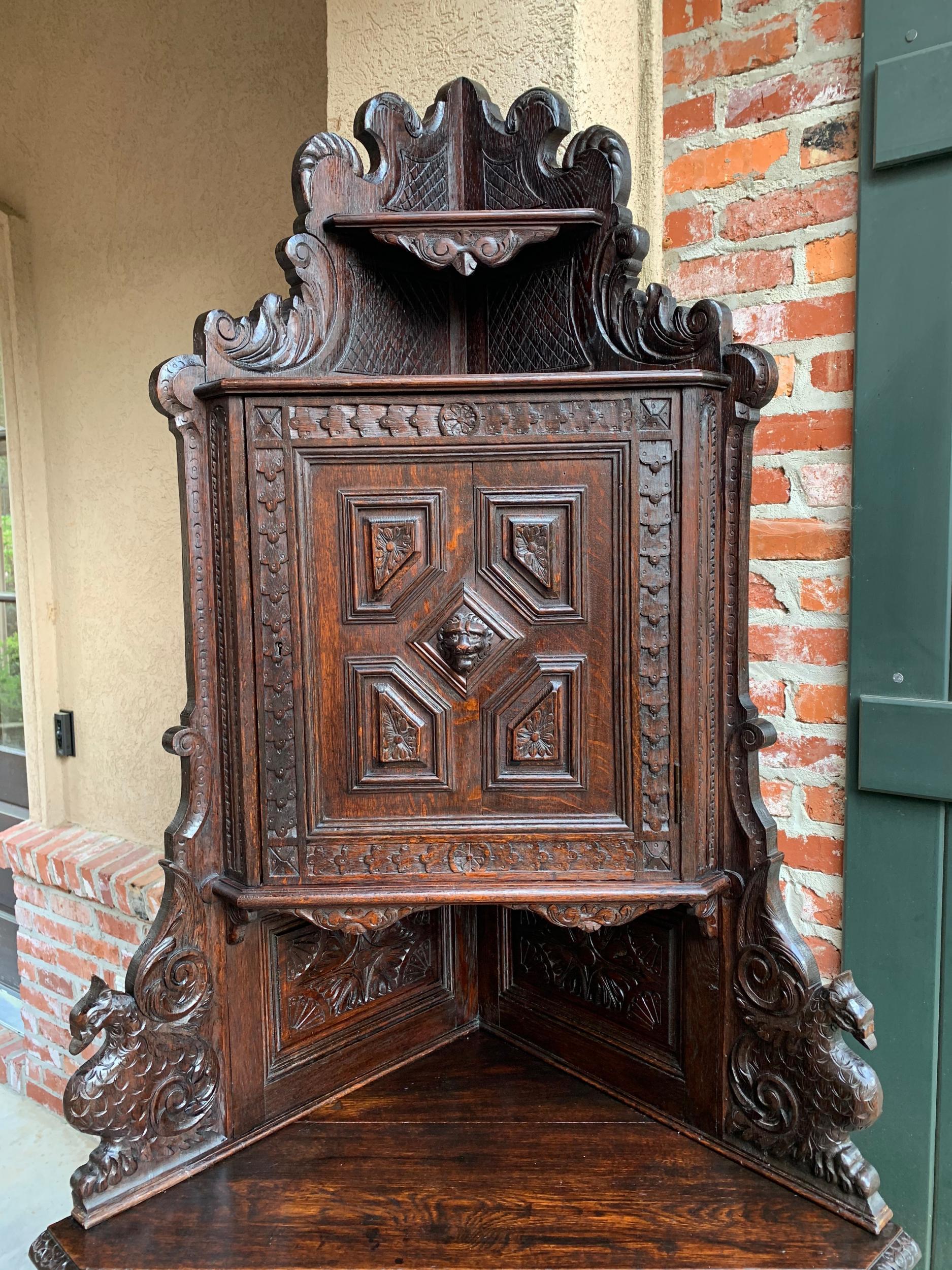 Antique French Corner Cabinet Bookcase Carved Oak Black Forest Renaissance In Good Condition In Shreveport, LA