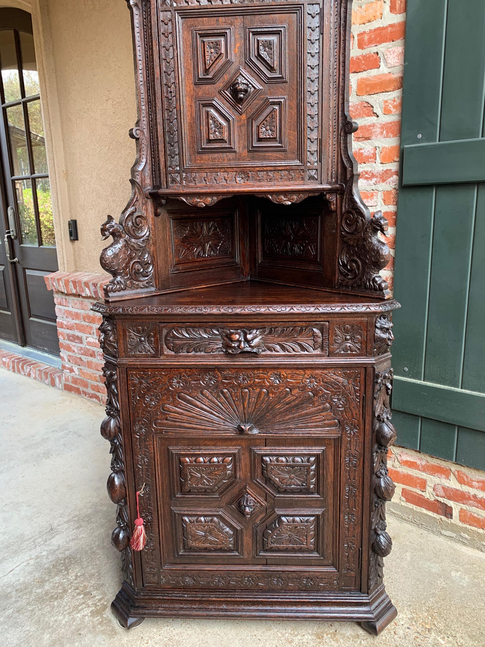 Antique French Corner Cabinet Bookcase Carved Oak Black Forest Renaissance 1