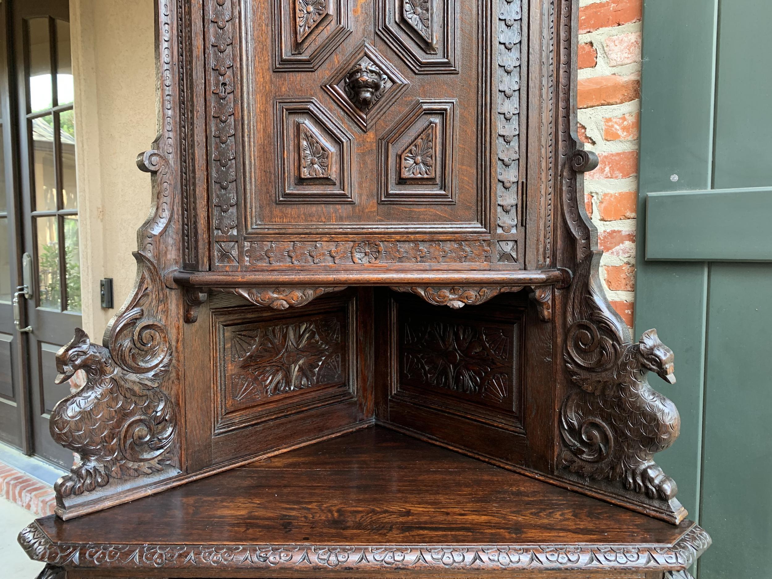 Antique French Corner Cabinet Bookcase Carved Oak Black Forest Renaissance 3