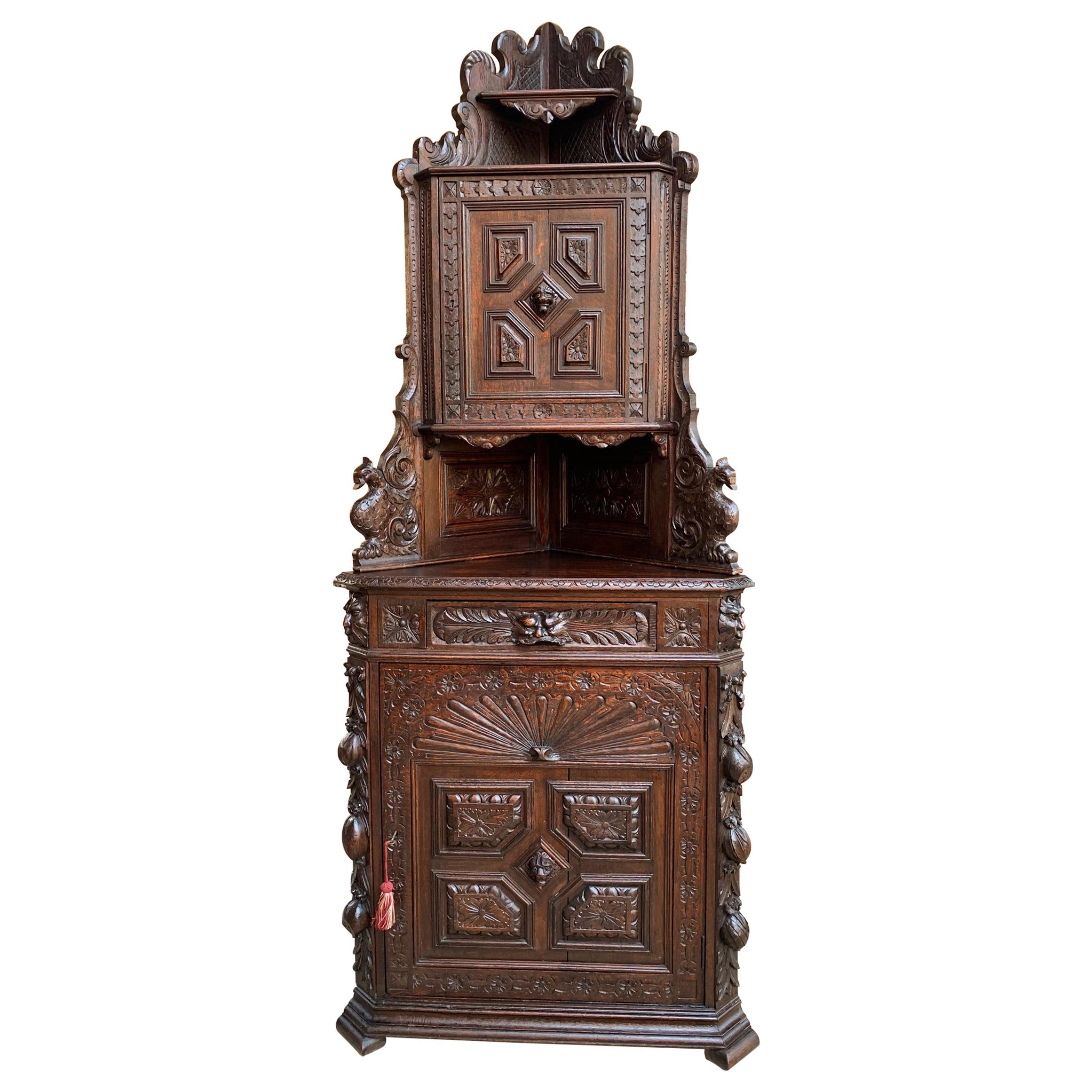 Antique French Corner Cabinet Bookcase Carved Oak Black Forest Renaissance