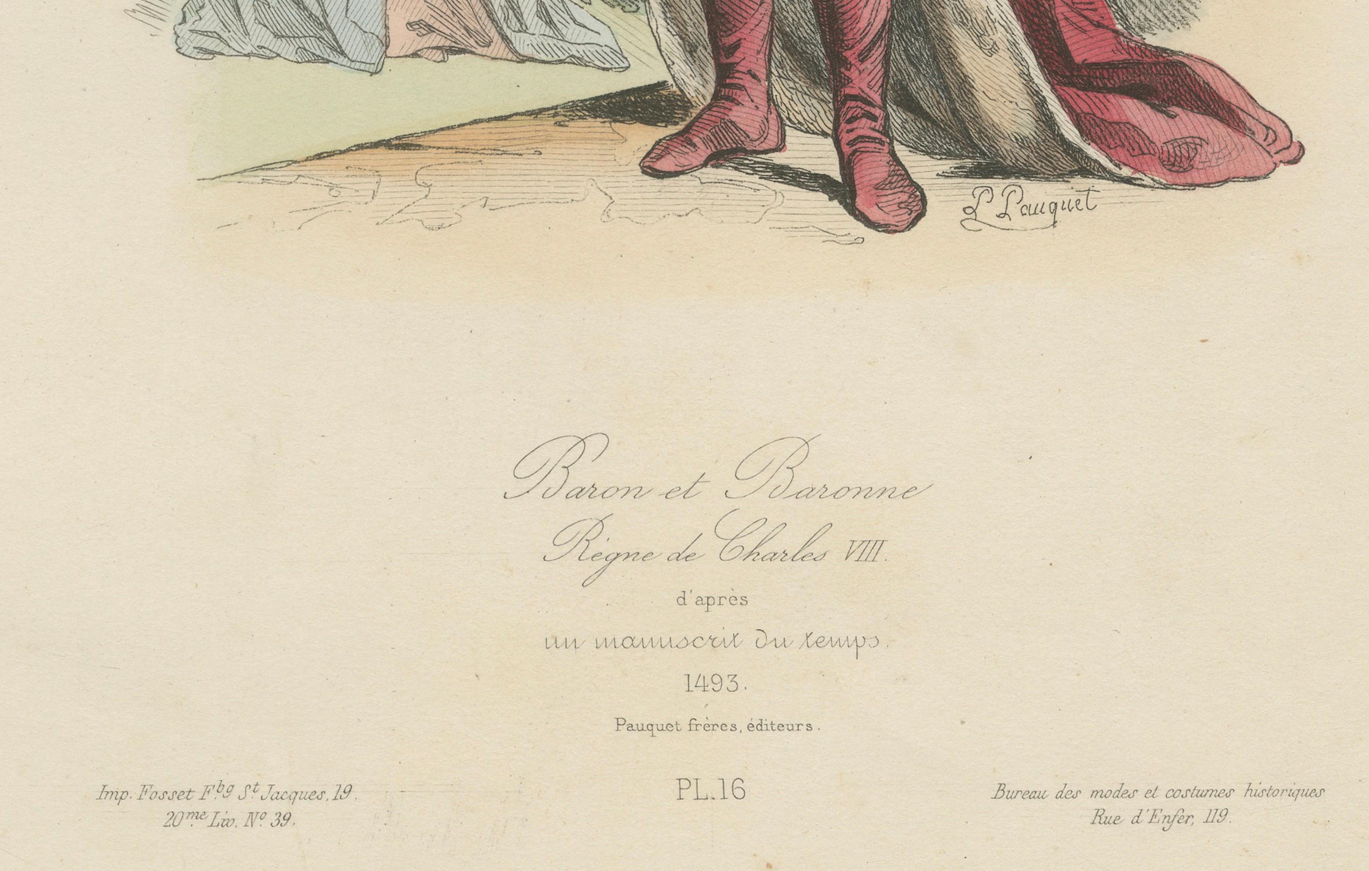 Antiker französischer Kostümdruck eines Barons und einer Baronin in mittelalterlicher Tracht, 19.

Beschreibung:
Dieser beeindruckende antike französische Kostümdruck mit dem Titel 