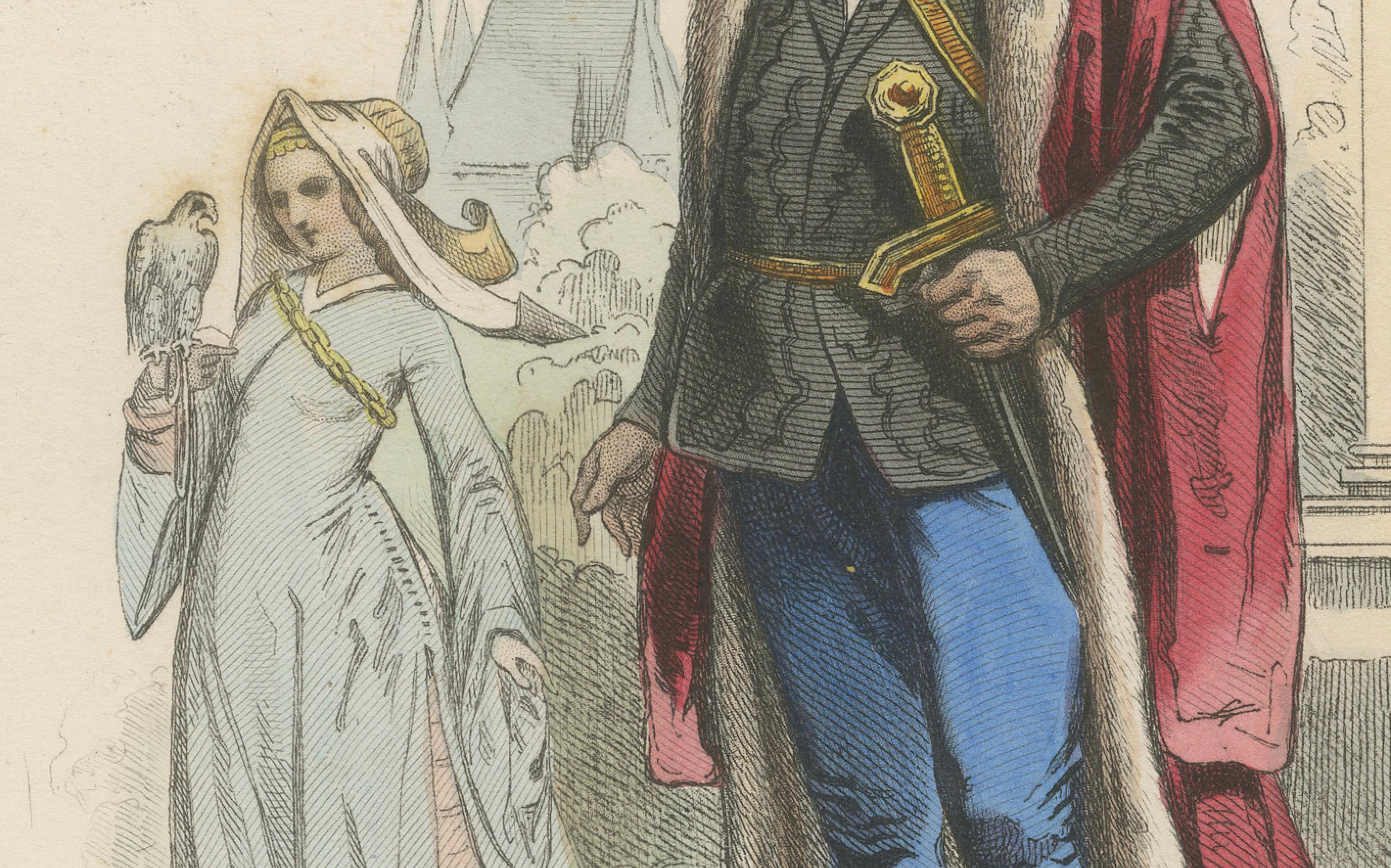 Antique French Kostümdruck eines Barons und einer Baronin in mittelalterlicher Kleidung, ca.1860 im Zustand „Relativ gut“ im Angebot in Langweer, NL